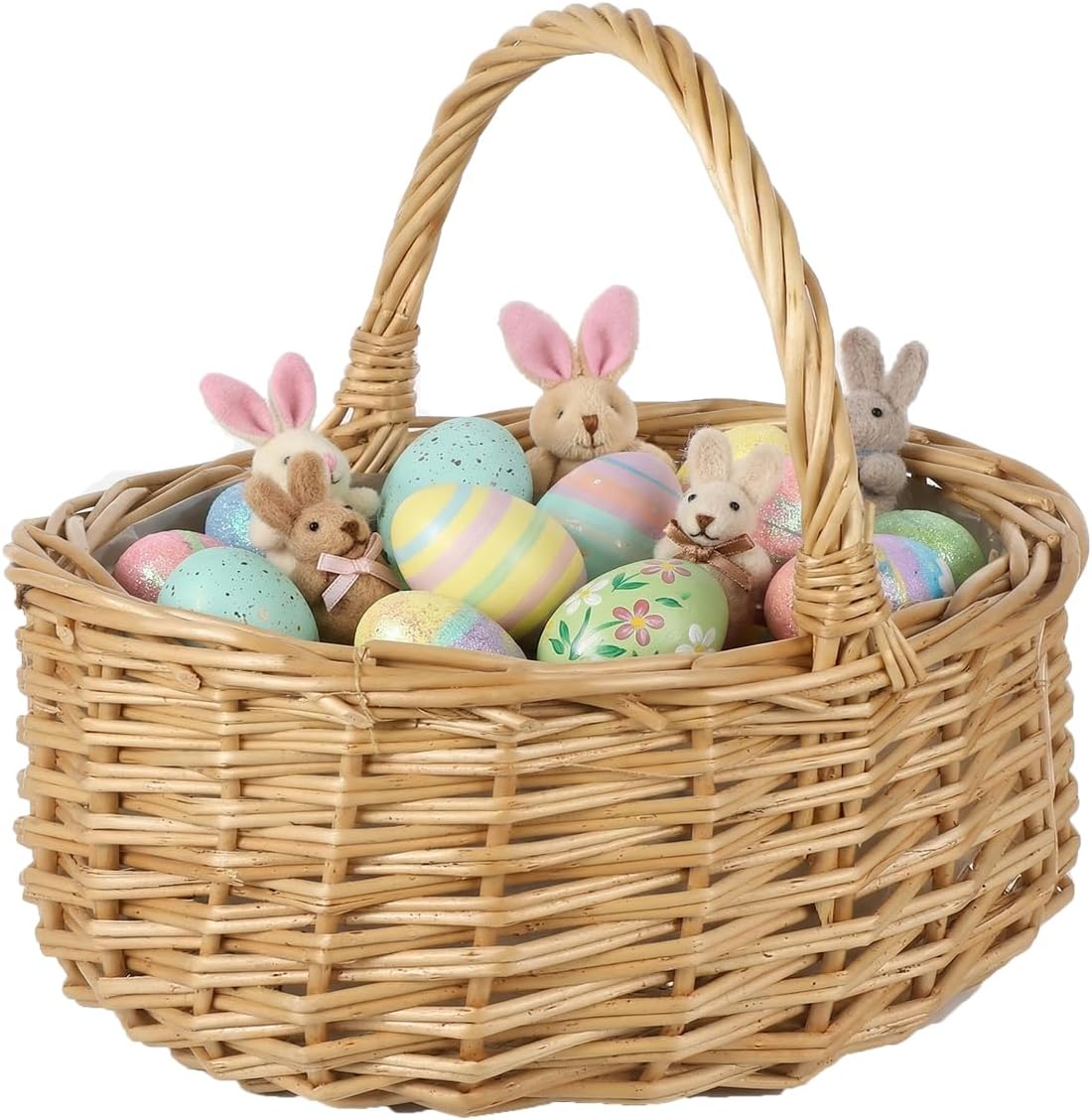 Wicker Easter Basket with Handle, Wicker Picnic Basket Flower Girl Basket Small Woven Gift Basket for Kids Egg Hunt, Candy, Eggs and Bunny Charm, Spring Party Decor Wedding (7.86 x 6.68 x 3.94 Inch)