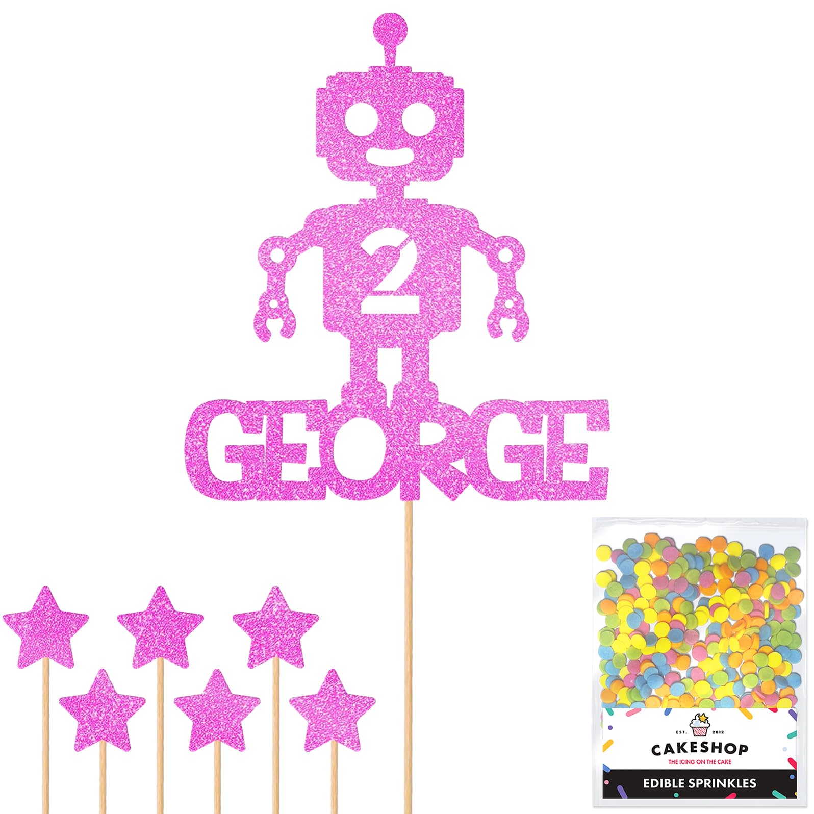 Personalised Birthday Space Robot Glitter Cake Topper Lt Pink Any Custom Age & Name Glitter Cake Decoration and Sprinkles - Happy Birthday Decorations - Personalised Toppers for Cakes by Cakeshop