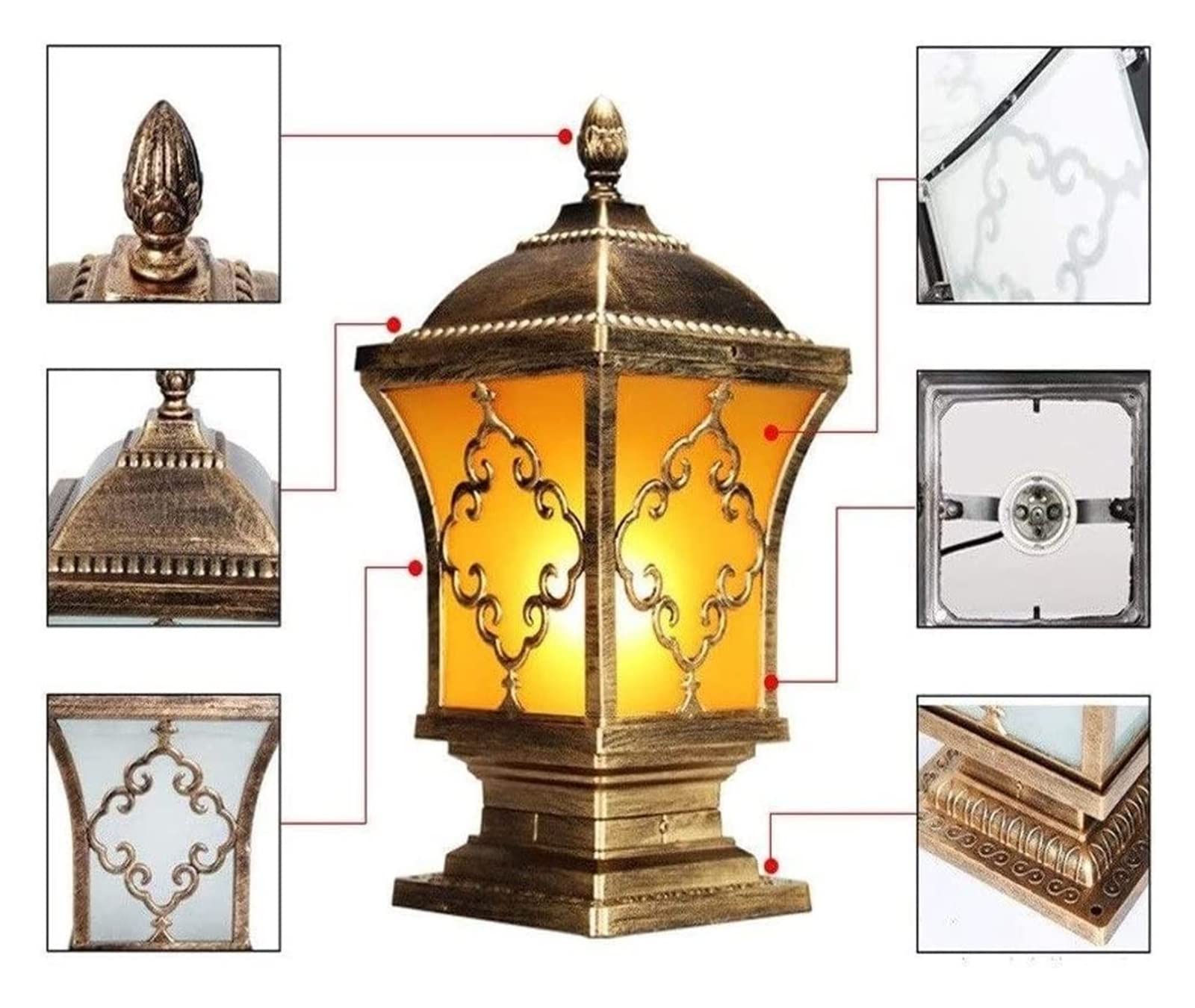 Cortile Lampione Lampione Esterno Cancello Lampione, Pilastro Lampione Villa Giardino Esterno Waterproofpe Illuminazione Parete estremità Pilastro Palo Lampada Antico Alluminio Bronzo Balcone