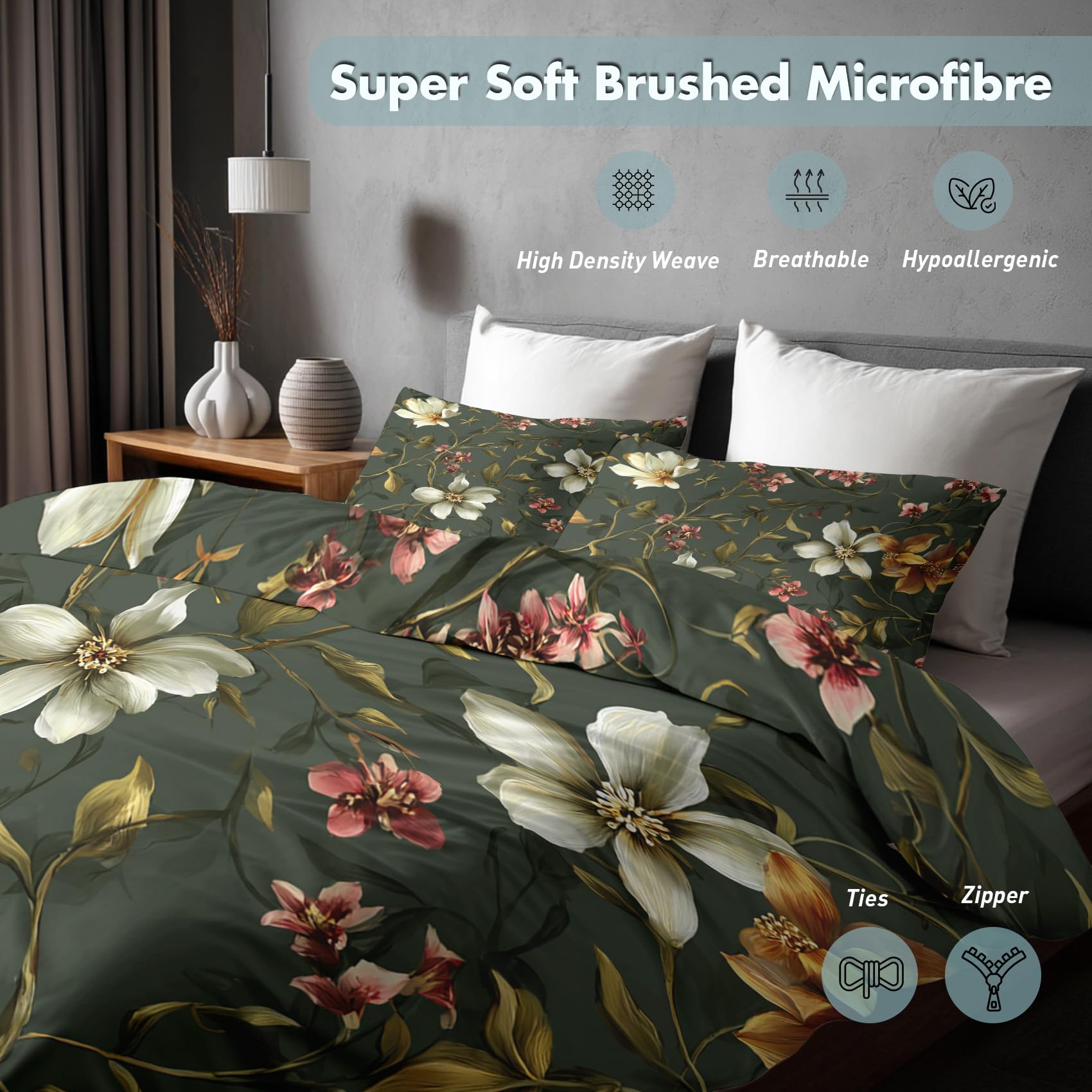 Generisch Grün Blumen Bettwäsche 135x200, Schlafzimmer Deko Wendebettwäsche 2tlg, Botanisch Blumenmuster Bettbezug & 1 Kissenbezug 80x80, Weiche Mikrofaser, mit Reißverschluss -h457