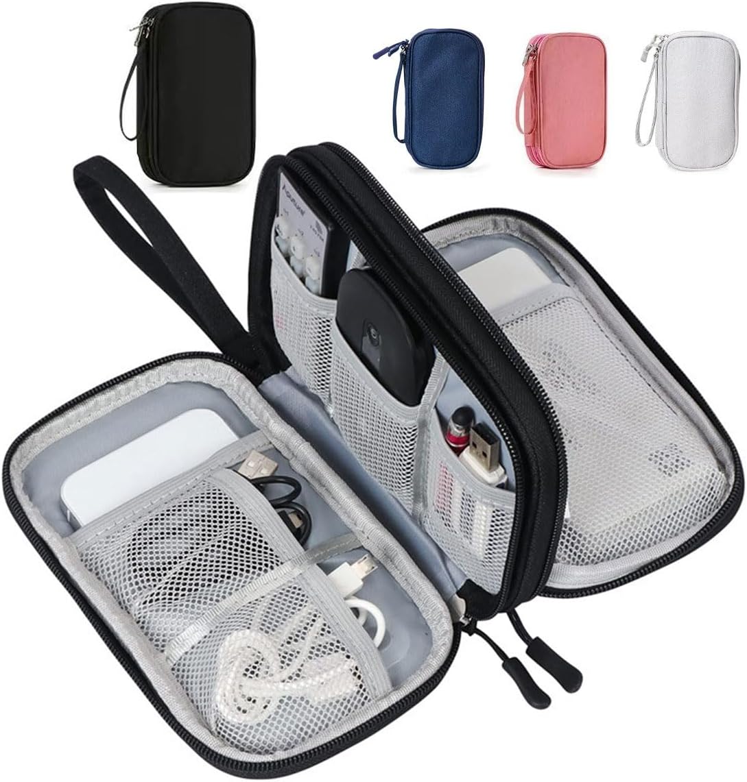 Travel Electronics Organizer - Double Layer Compact Cable Storage Case with Hand Strap for Chargers, Phones, Accessories (Black)