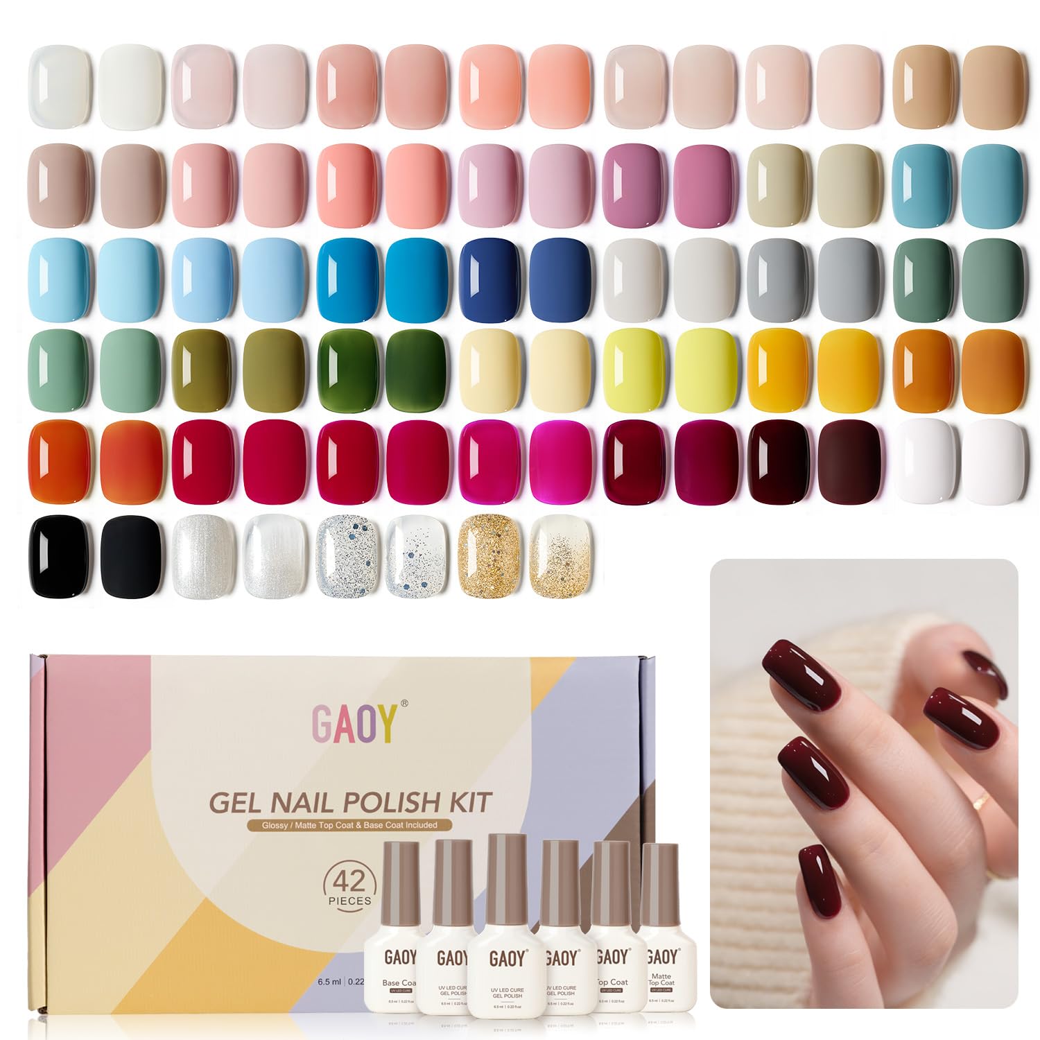 GAOY 42 Pcs Gel Nail Polish Kit, Black White Jelly Nude Pearl Glitter Colors All Seasons Gel Nail Polish Set with Glossy & Matte Top Coat and Base Coat for Salon and DIY Manicure at Home