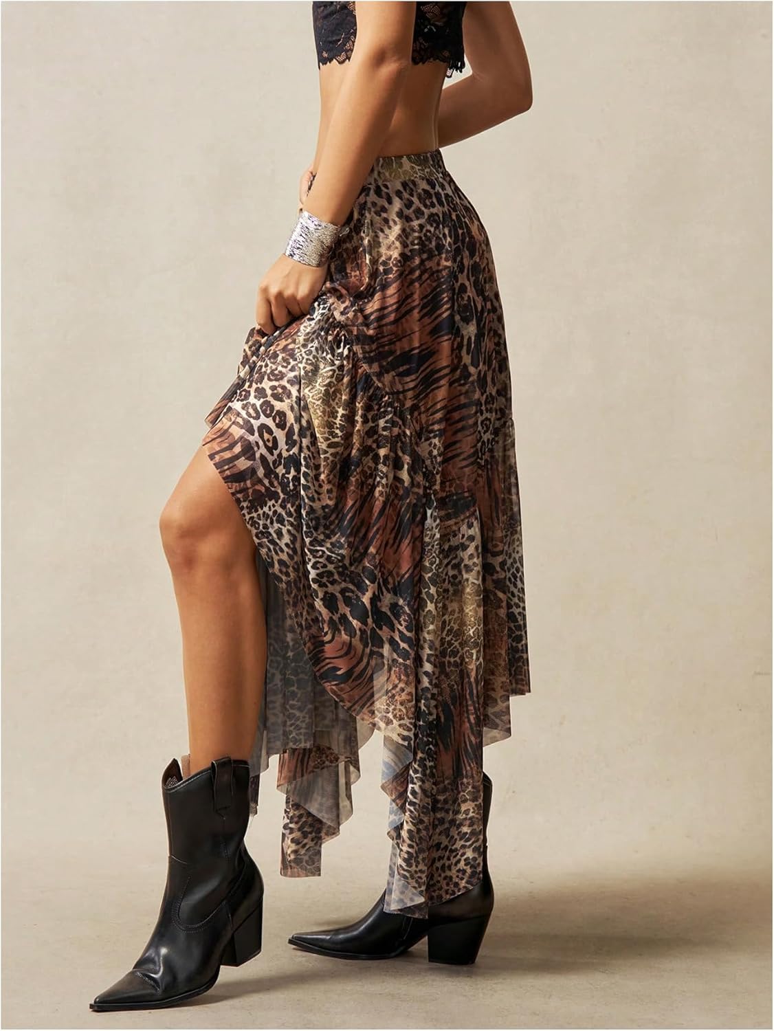 Women's Floral Asymmetrical Midi Skirt Boho Ruffle Mesh Elastic High Waist A Line Flowy Skirt Vintage Pirate Skirt - Image 3