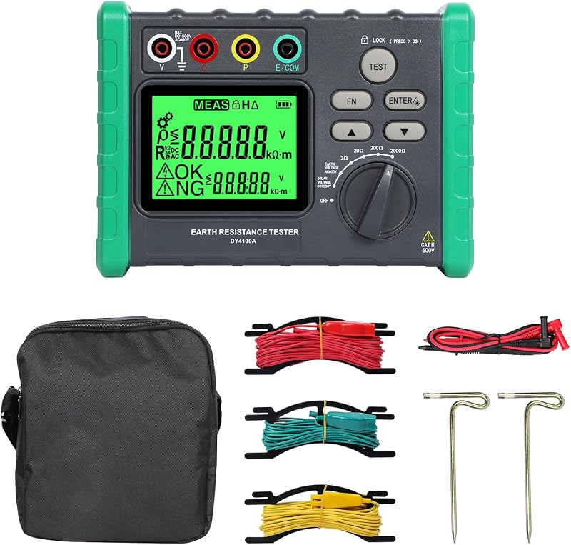 Earth Ground Resistance Tester 0.03-2000 ohm Meter,Upgraded Earth Resistance Tester Auto Measurement 600V AC Ground Voltage Meter with 6pcs 1.5V Batteries,Tool Bag