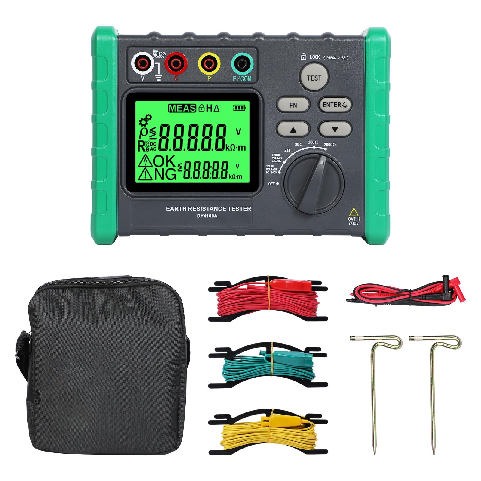 DY4100A Erdungsmessgerät Erdungswiderstandsprüfer, Digitaler Erdungswiderstand 0~2000Ω Ohm Real Megohmmeter, Automatische Messung 0~600V Erdungswiderstandsmessgerät 1500V Solarspannungsmessung