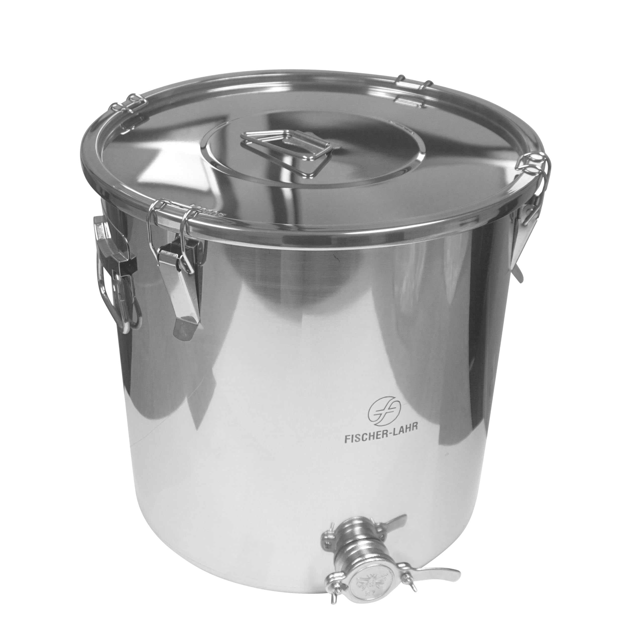 Fischer Edelstahl Honigabfüllkübel 50 Liter mit Quetschhahn und Spanndeckel | mit Edelstahl-Deckel, Spannverschluss und Honigquetschhahn , lebensmittelecht, für Honig , Küchen-, Gastro-oder Futter-Eimer