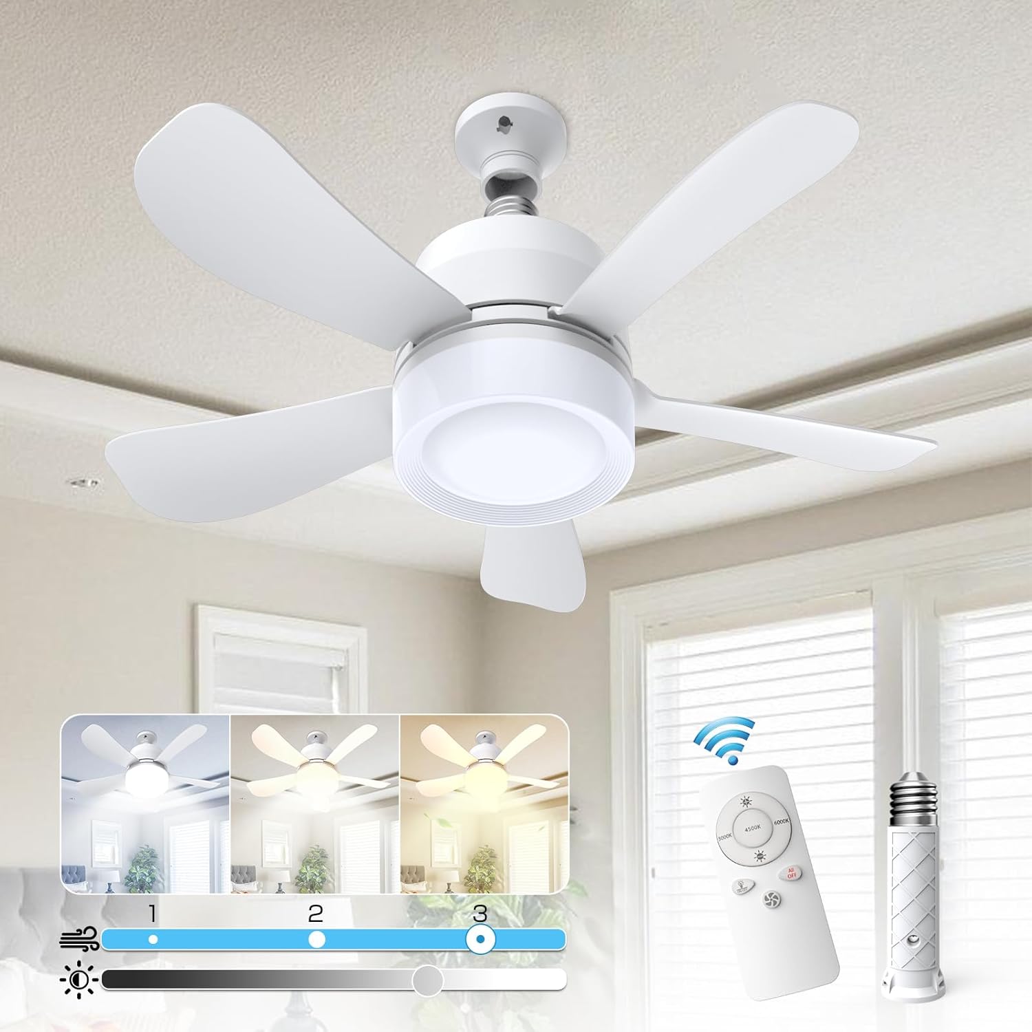 Eonini 16" Plug-in Socket Ceiling Fan with Light, No Wiring Needed, Remote Control, Dimmable LED 3000K-6000K, 1000 Lumens, Small Ceiling Fan for Bedroom, Kitchen, Garage