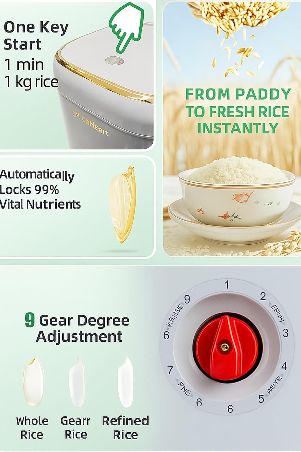 Automatic Rice Milling Machine,550W Automatic Rice Bran Separator with 9 Gears Milling Accuracy, 20-30KG/H Wheat Cereals Peeling Sheller,Rice Milling Hulling Machine(White)