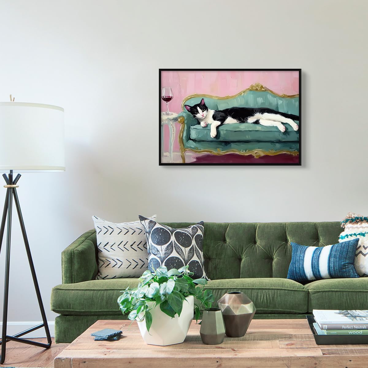 Cat Poster Canvas, Tuxedo Cat on Couch with Red Wine Wall Art, Trendy Cocktail Aesthetic Poster, Funky Bar Cart Wall Decor Print, Black White Cat Fine Art, Cute Animal Painting 8x12in Framed