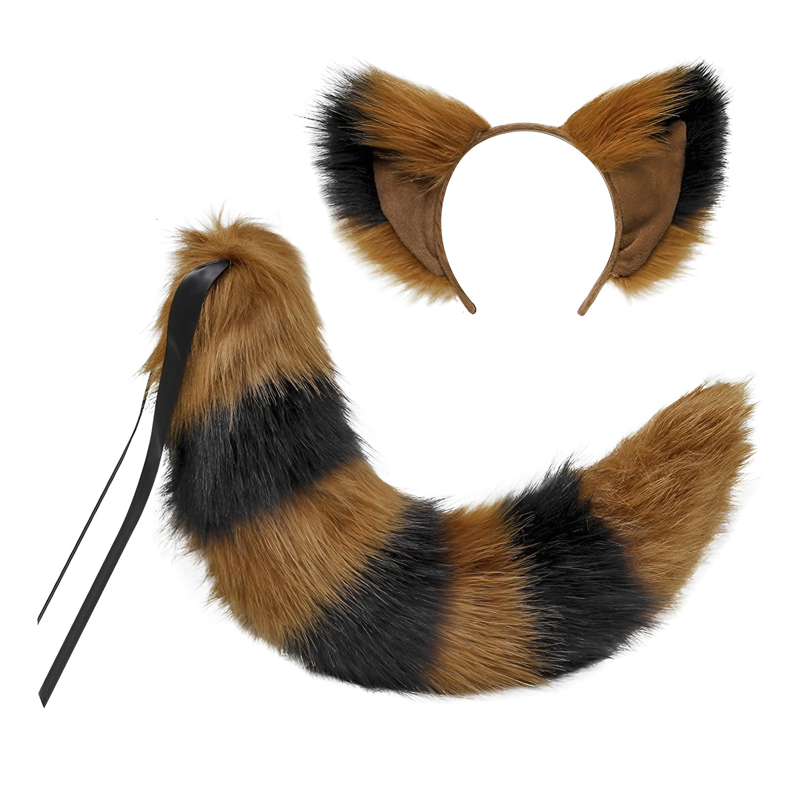 FakeFace Furry Animal Ear Headband Tail Set, Soft Faux Fur Animal Costume Kit Plush Ears Tail for Halloween Christmas Carnival Cosplay Dress Up Accessories (Camel Black)
