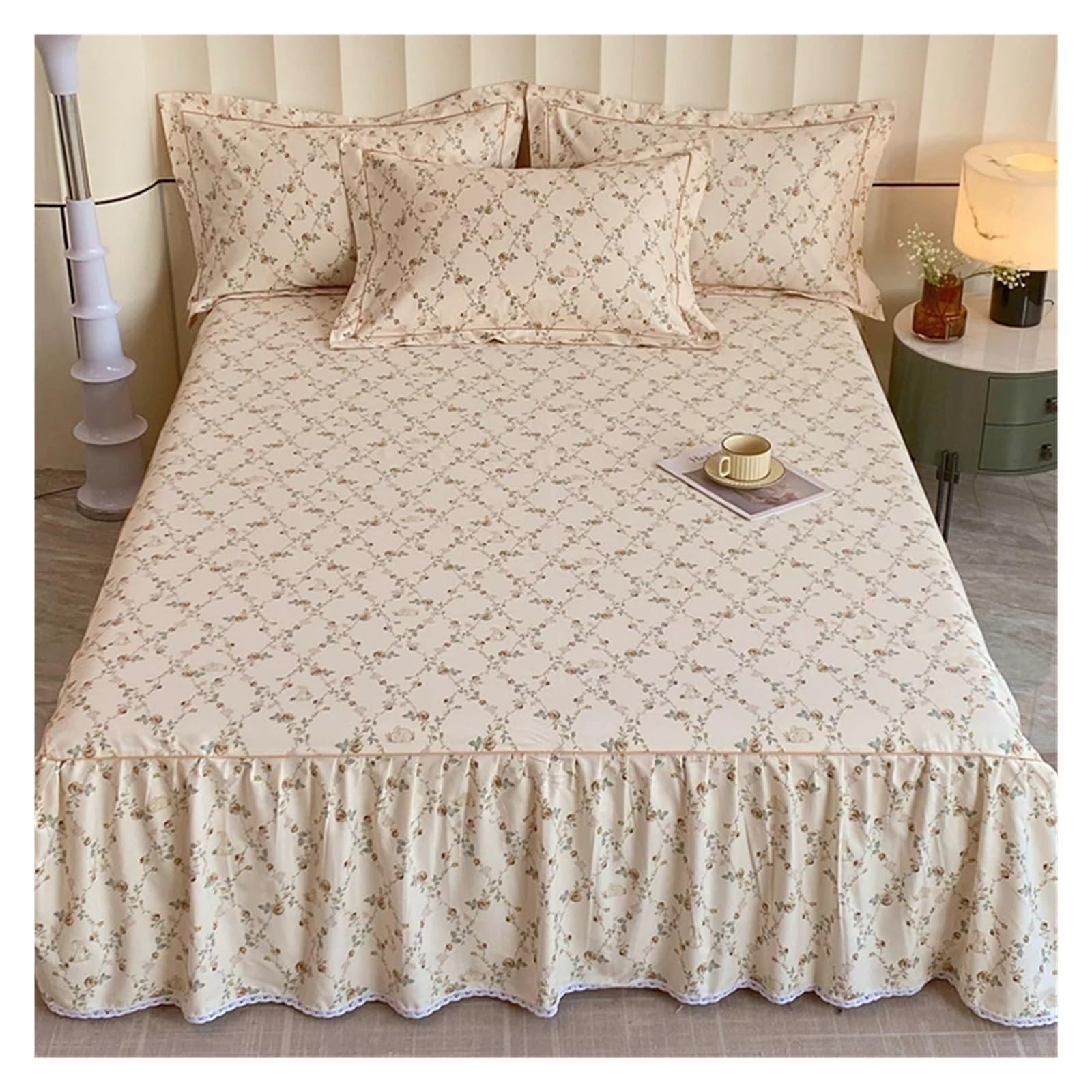 Falda de cama de algodón y lino impresa estilo retro para tamaños Individual Queen King