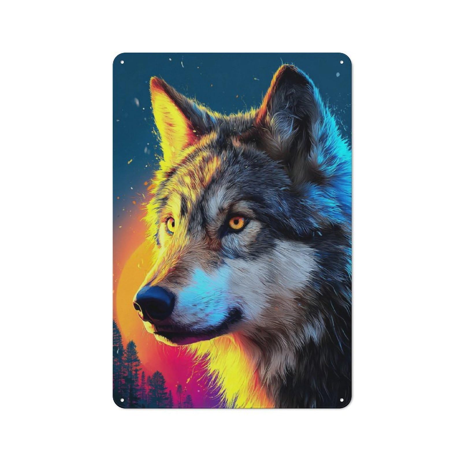Junmoney Colorful Wolf Portrait Metal Wall Art Sign 30X20cm, Modern Retro Urban Room Decor For Modern Home, Workshop, Office Or Cafe