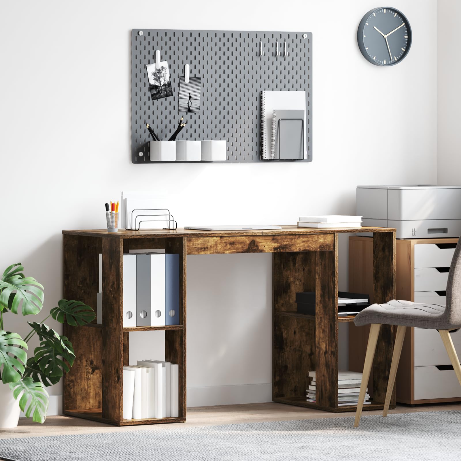 Scrivania da ufficio in legno massiccio di rovere affumicato, con ripiani, postazione di lavoro moderna per home office