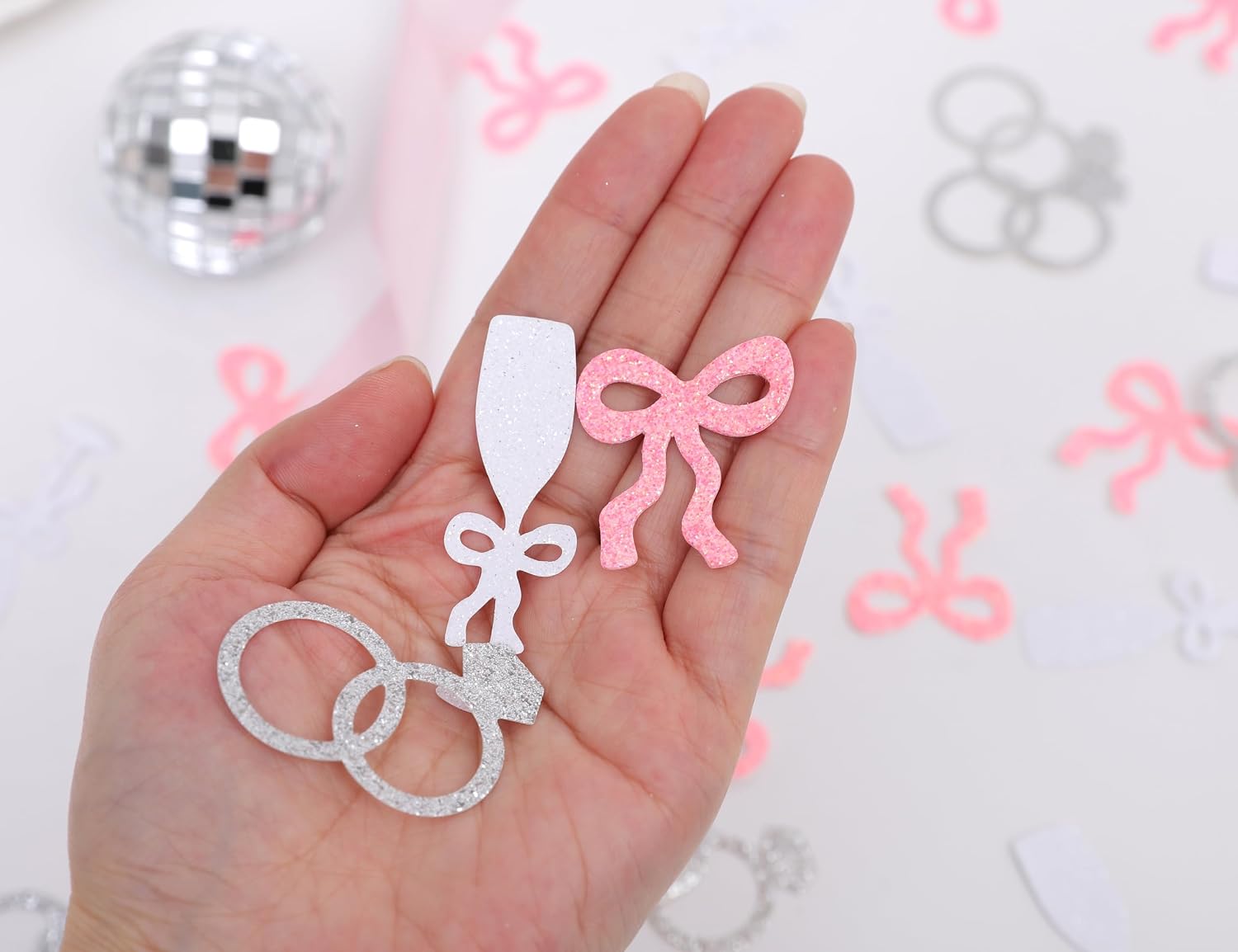 Shes Tying the Knot Bachelorette Confetti - 195PCS Bows, Rings and Champagne Flutes Bridal Shower Confetti, Pink Bow Coquette Bachelorette Decorations