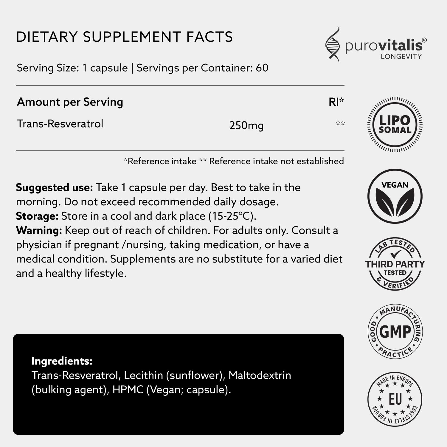 PUROVITALIS Liposomales Trans-Resveratrol 250mg, mikronisiert, 60 Kapseln