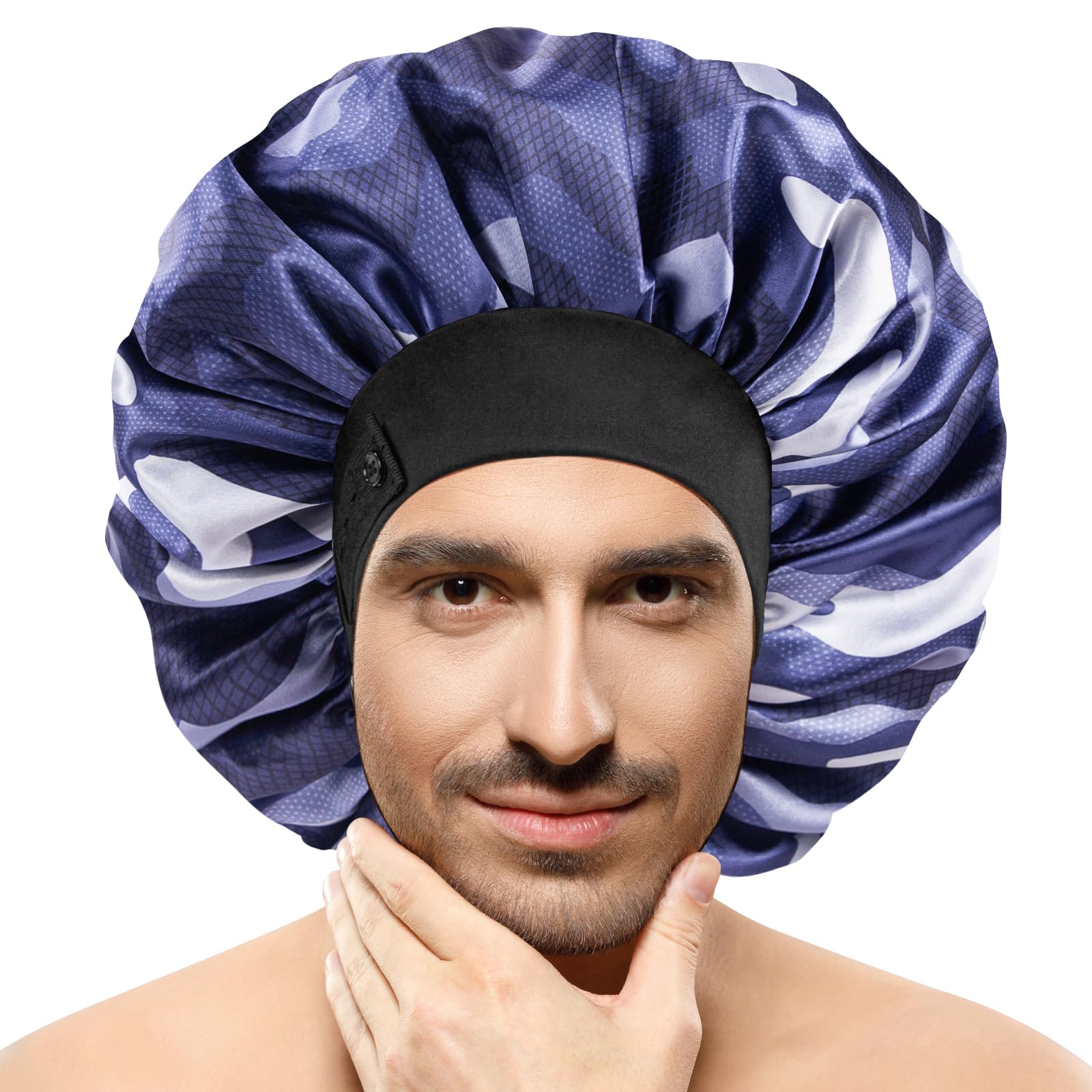 Winsteck Men's Ocean Camo Silk Bonnets For Wo, Satin Bonnet For Sleeping, Adjustable Hem & Double Layer, Large Sleep Bonnet For Curly Hair Braids Stay On All Night (Oceancamo)