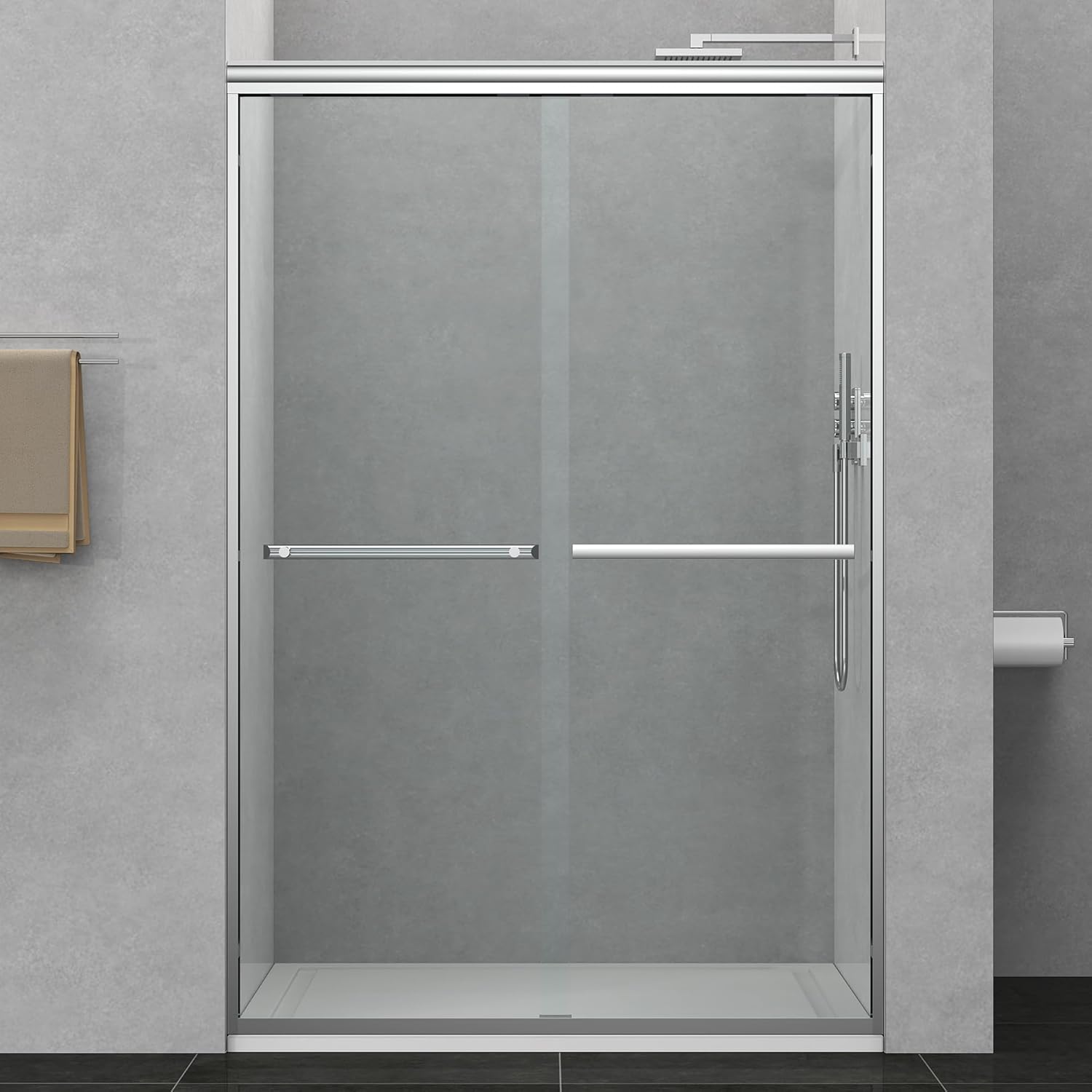 44-48" W x 72" H Semi-Frameless Bypass Sliding Shower Door, Easy-to-Clean Treated Clear Tempered Glass, Polished Chrome