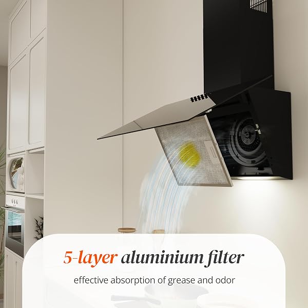 FIREGAS Hotte Aspirante 60cm - Hotte de Cuisine Inclinée avec Moteur Sans Balais, 3 Vitesses, Filtres à Charbon Inclus, Évacuation ou Recyclage, Noir - 5