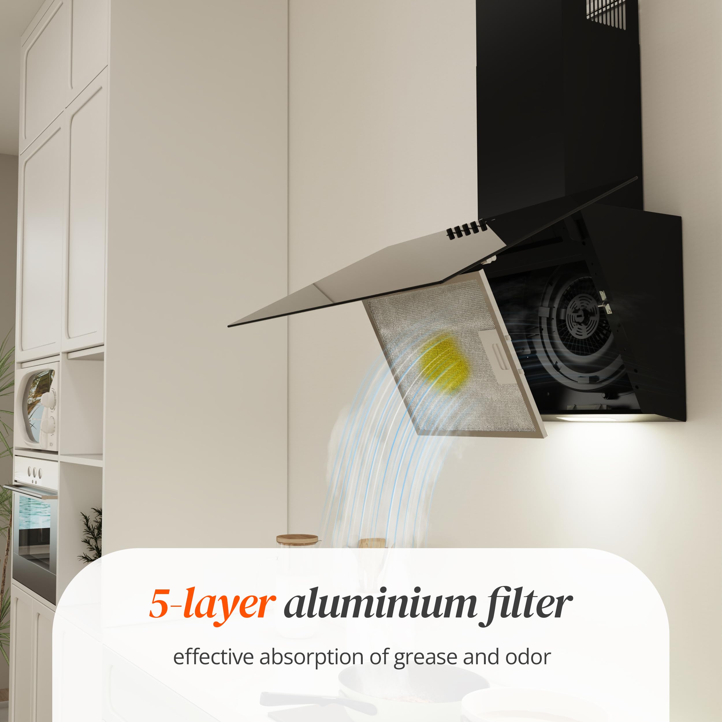 FIREGAS Campana extractora 60cm, Extractor inclinado, Motor sin escobillas, Bajo Consumo, Control Mecánico,3 velocidades, LEDs, Recirculante y Extracción, Incluye filtro de carbón