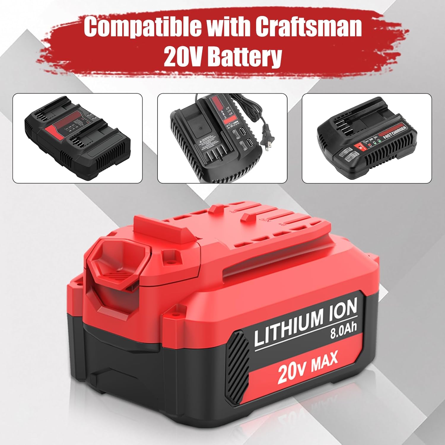 2 Pack 8000mAh CMCB206 Lithium ion Replacement Battery Compatible with Craftsman 20V BatteryCMCB202 CMCB204 CMCB201 CMCB209 CMCB205 CMCS500 V20 Series Cordless Power Tool(Only for V20 Series)(Red)