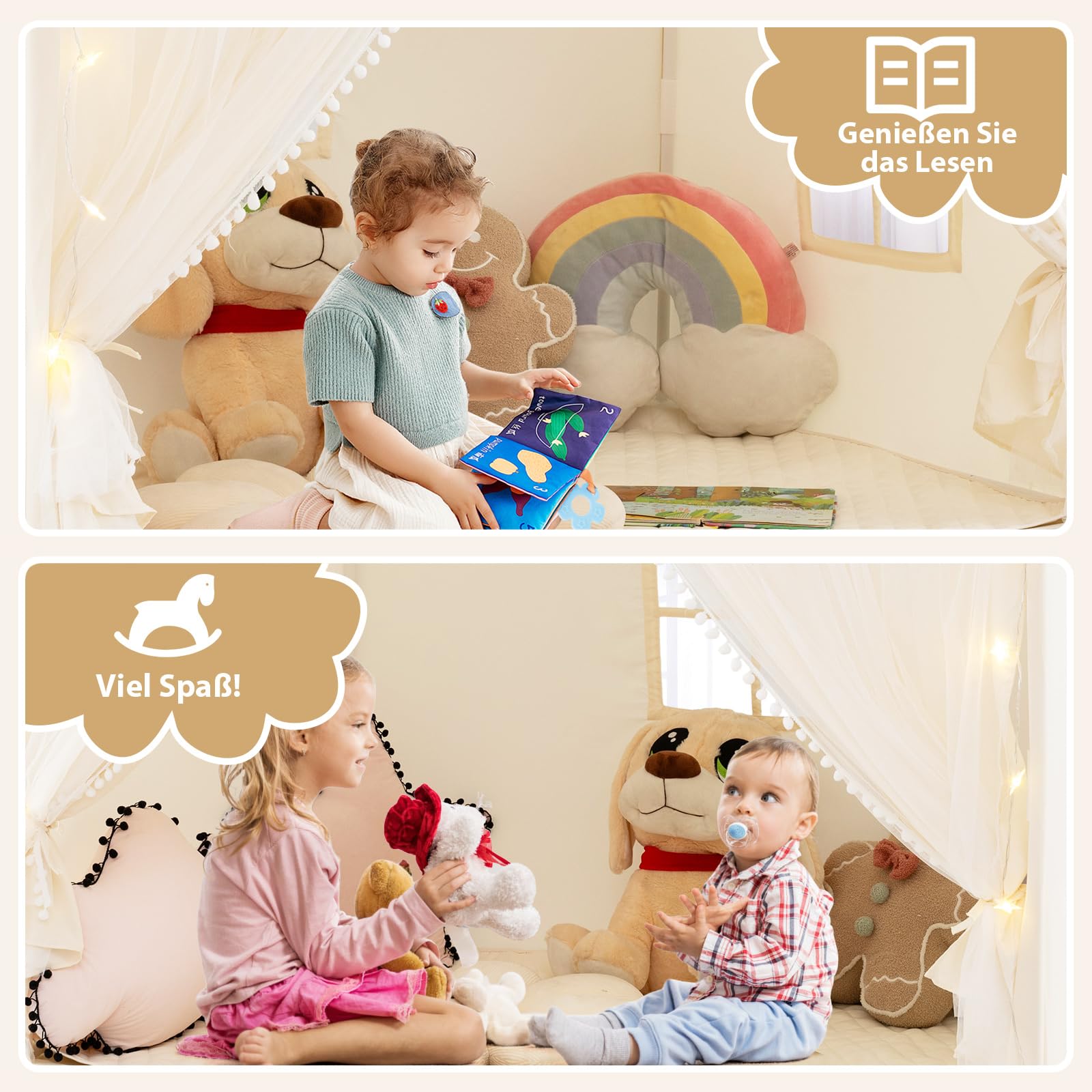 COSTWAY Spielhaus Kinder Indoor, Kinderzelt mit Matte und Lichtern, Spielzelt Kinder, Prinzessin Kinderspielhaus, Kinderzimmer Dekor Zelt für Jungen und Mädchen ab 3 Jahren (Beige)