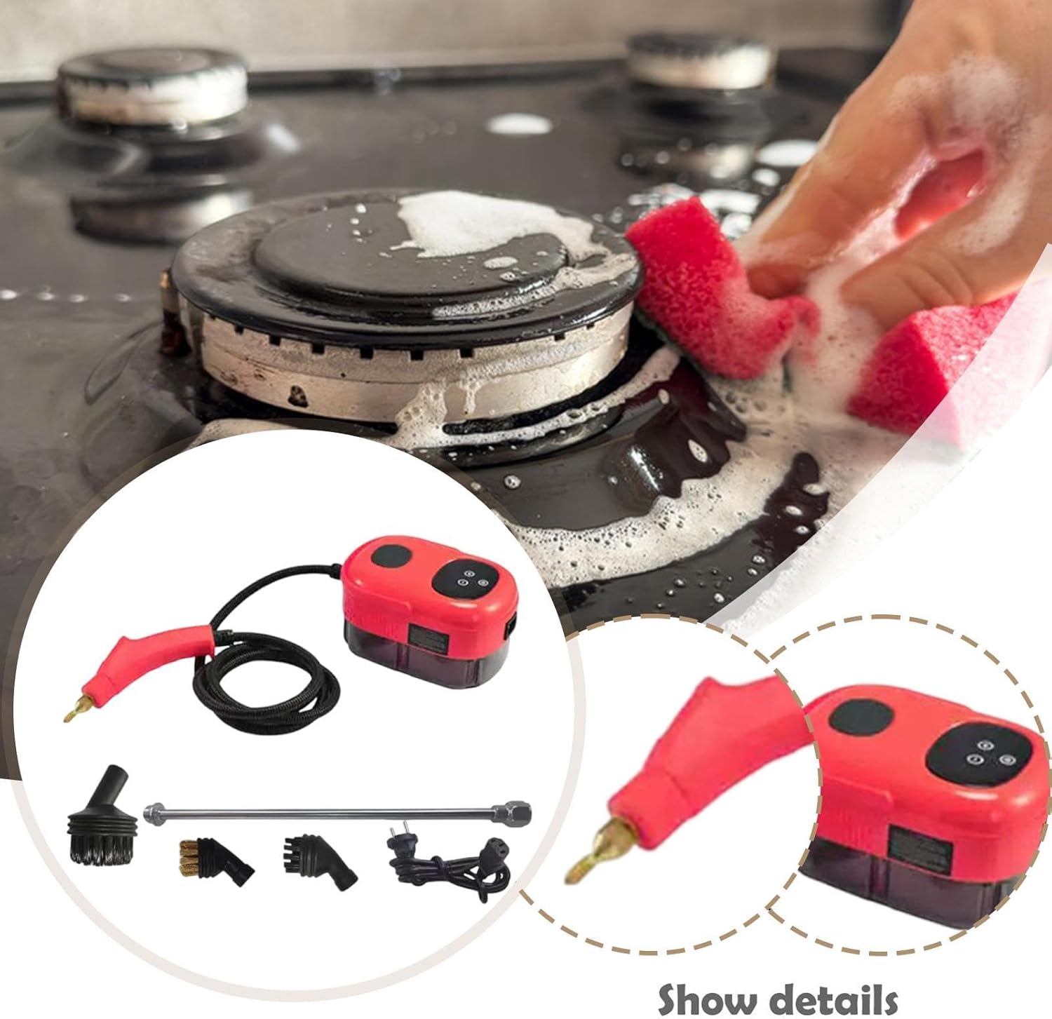 Lycass 高温加圧スチームクリーナー スチーム洗浄機 タンク付き コンロ・床・キッチン・花崗岩電子レンジ用, 赤