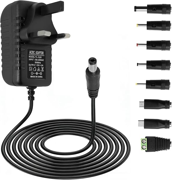 12V 2A Power Supply AC Adapter with 8 DC Plug Tips, Universal AC to DC Converter for LED Strip Lights, CCTV Camera, Router, TV Box and Other 12V Devices, 24W Max Output - 1