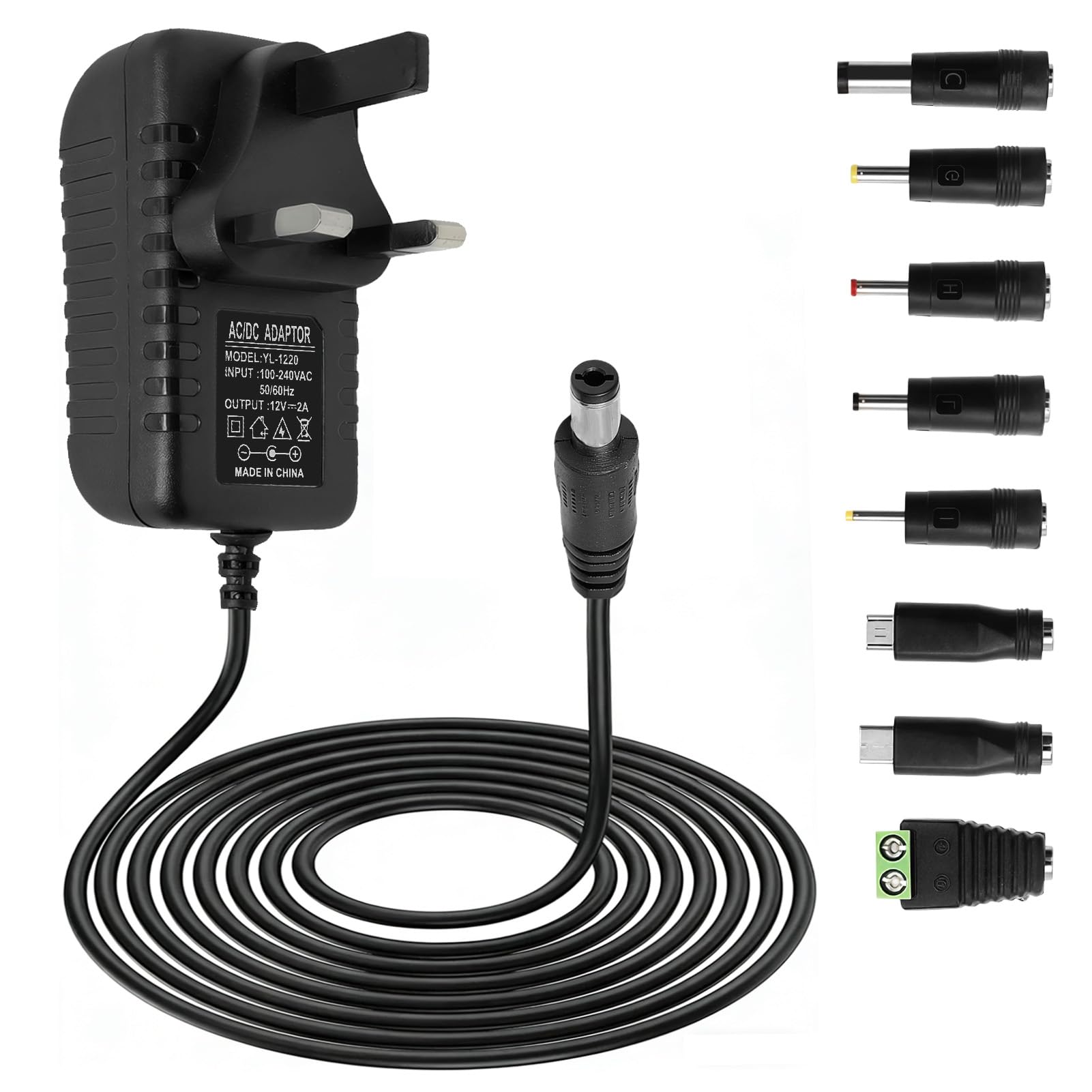12V 2A Power Supply AC Adapter with 8 DC Plug Tips, Universal AC to DC Converter for LED Strip Lights, CCTV Camera, Router, TV Box and Other 12V Devices, 24W Max Output