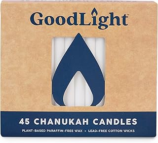 Paraffin-Free White Jewish Chanukah Taper Candles, Vegan Palm Wax Hanukkah White Candlesticks, 45-Minute Burn Time, 45 Unscented Jewish Candles - GoodLight