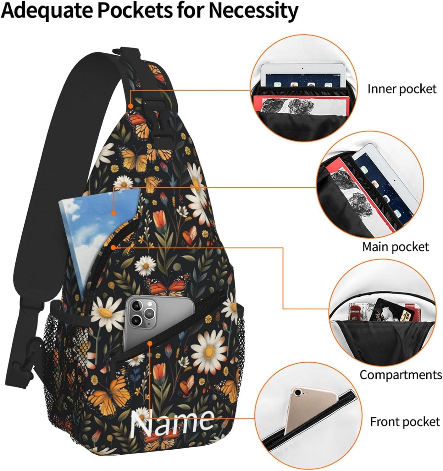 SUPLUCHOM Custom Sling Bag With Name Vintage Butterfly Daisy Leaf Personalized Hiking Daypack Customized Crossbody Shoulder Backpack Travel Chest Pack for Men Women