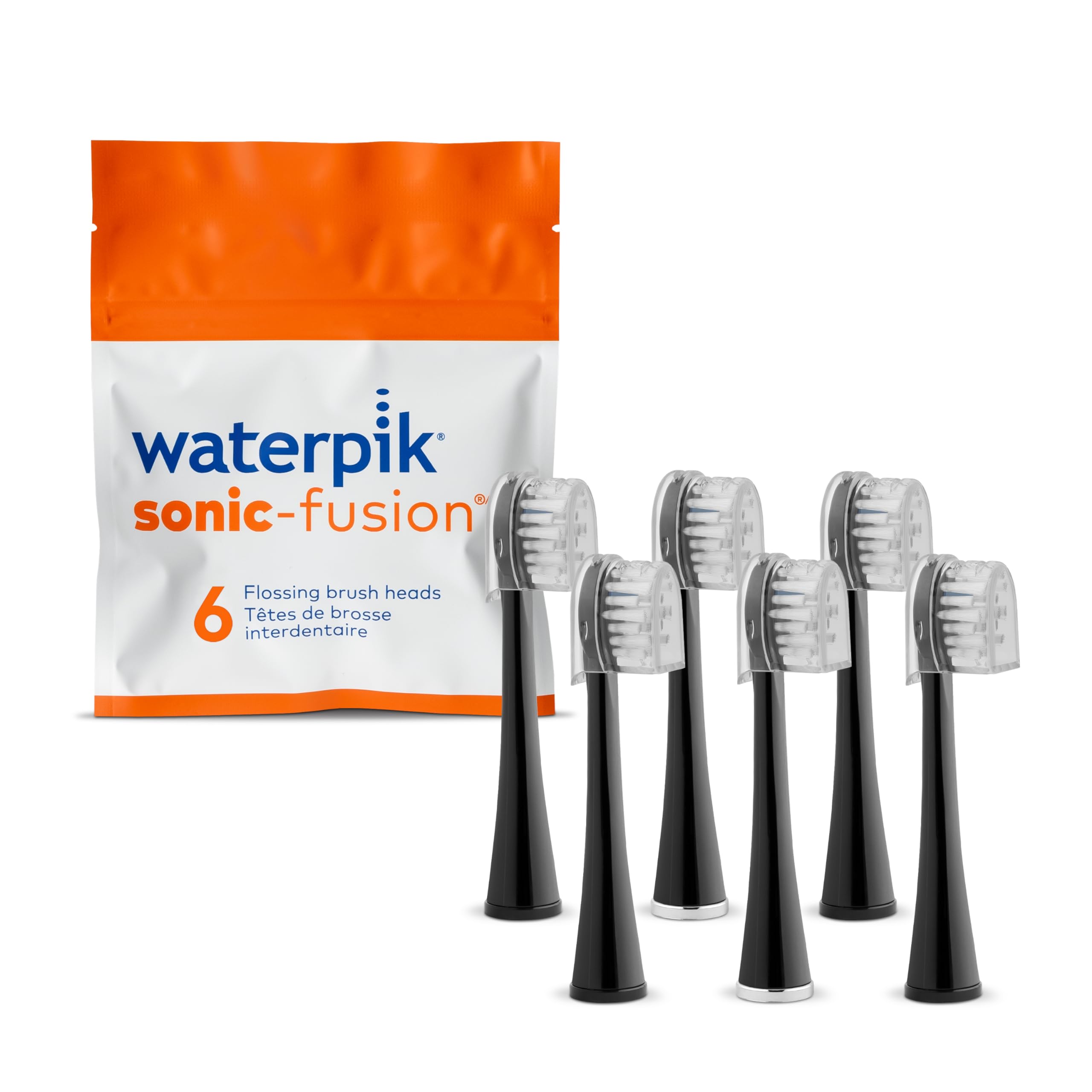 WaterpikGenuine Compact Size Replacement Brush Heads With Covers for Sonic-Fusion Flossing Toothbrush SFRB-2EB, 6 Count Black