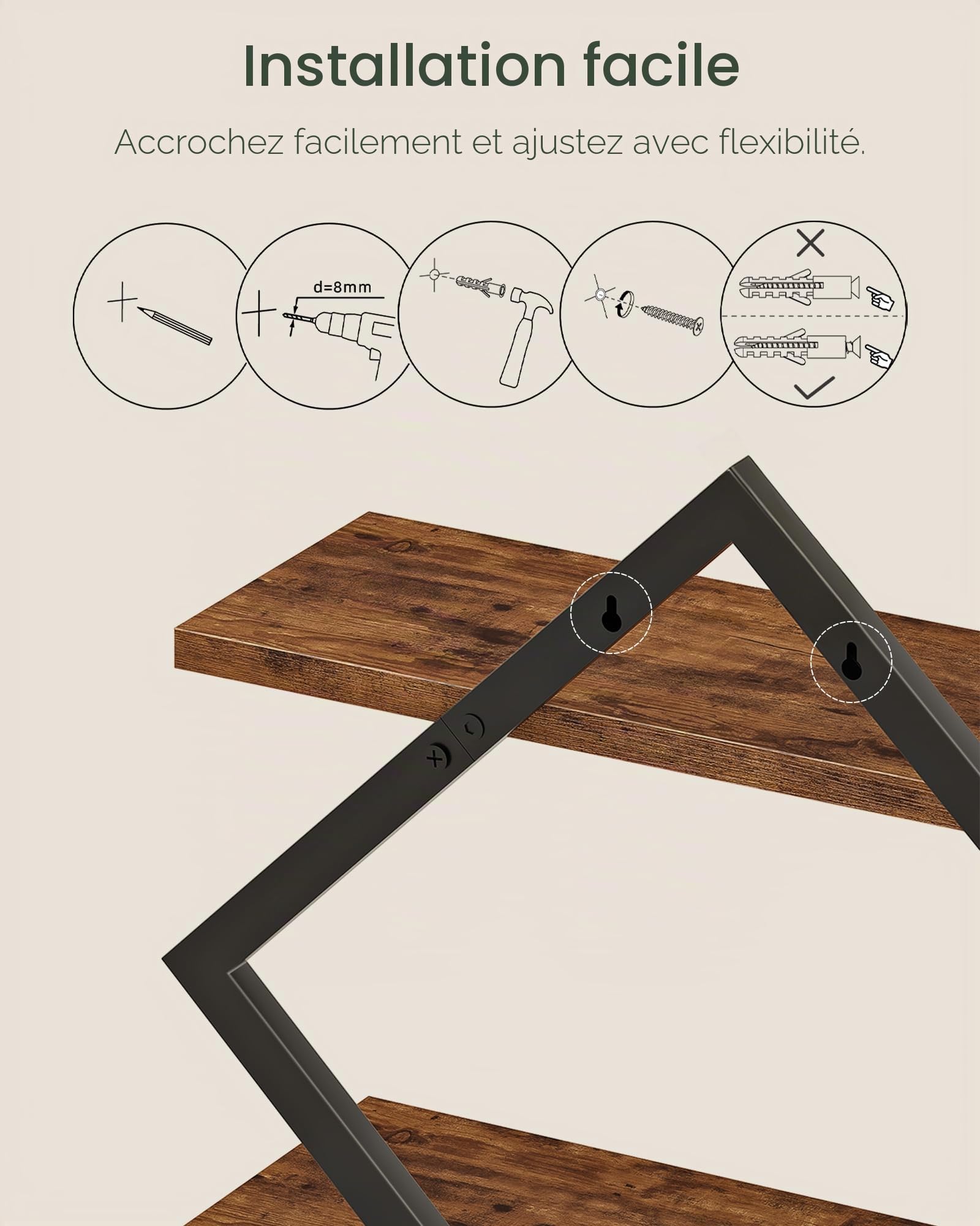 CHOEZON Étagère flottantes, Lot de 2, Étagères murales à 2 Niveaux, Rangements Suspendus avec Cadre métallique losangé, pour Salon, Chambre, Cuisine, Bureau, Marron Rustique et Noir DTBJ01P2BF