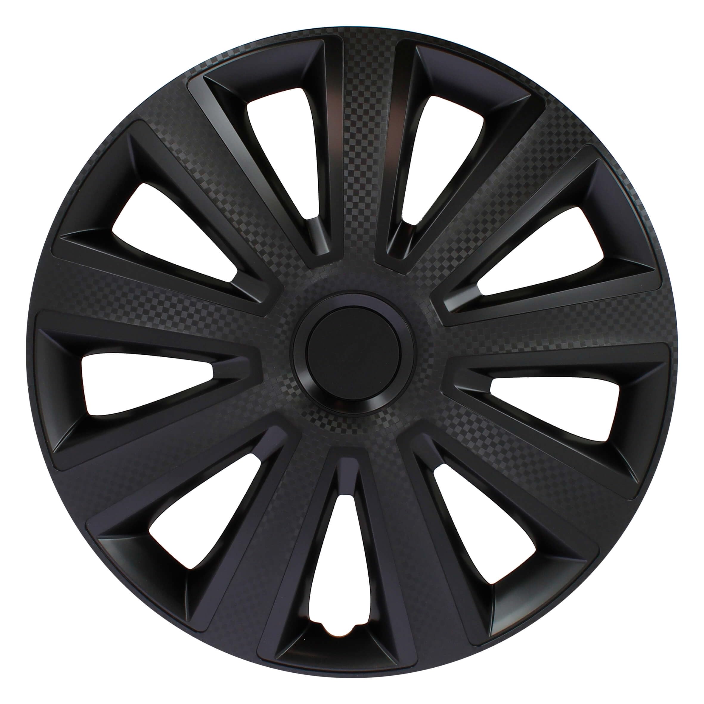 S SUMEX Juego de 4 Tapacubos de 16 Pulgadas Diseño Kentucky Carbon Black, Acabado en Negro y ABS Resistente a Fuertes Impactos, Duradero y Fiable con Anillo de sujeción Ajustable