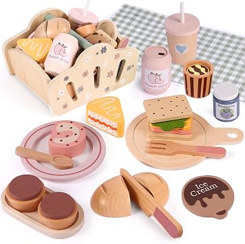 FIIOEOY Wooden Picnic Basket Toy for Toddlers, Kids Play Food Set with Dessert Food and Mat, Outdoor Pretend Play Kitchen Accessories Gift for Girls Boys 3 4 5 Years Old
