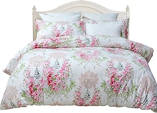 Usning Girls Bedding Floral Duvet Cover 3 Pieces 100 percent Cotton Vintage Rose Set Soft and Breathable Comforter with Zipper Closure Corner Ties, Twin Size(1 + 2 Pillowcases), Pink