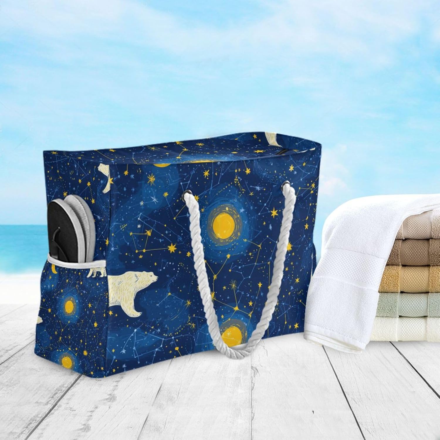 OTVEE Polar Bear and Sky Patterns Beach Bags for Women Ladies Large Canvas Tote Shoulder Bag Waterproof Travel Bags for Gym Swim Pool Camping