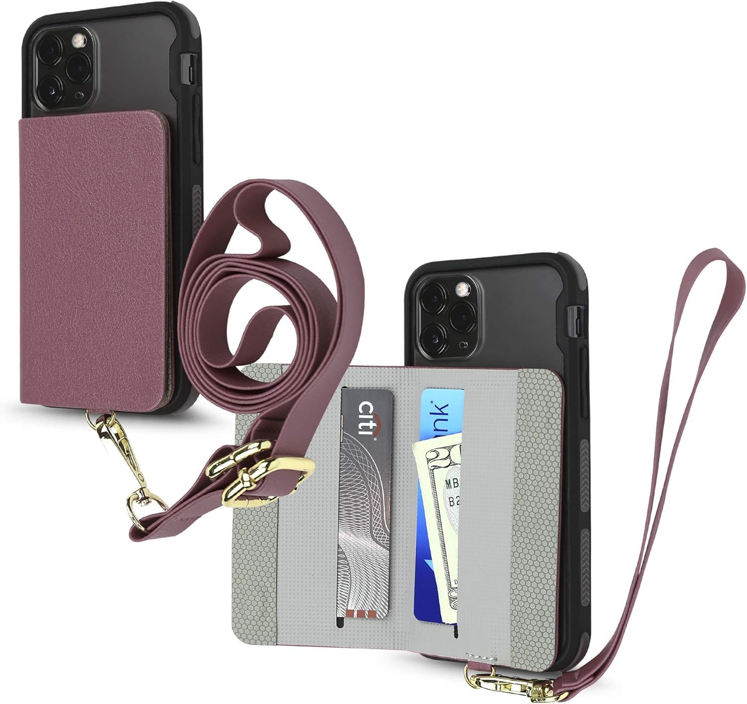 Cell Phone and Credit Card Holder with Crossbody and Wrist Straps, Stick-On Wallet w/RFID Protection Multiple Card Slots Transparent ID Pocket