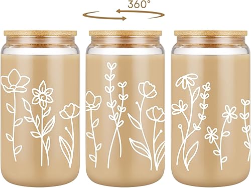 Miniatura 2 de Coolife Taza de café helado floral, tazas de vidrio de 16 onzas con tapas y pajitas, tazas estéticas, vaso de vidrio de café, vasos de cerveza con