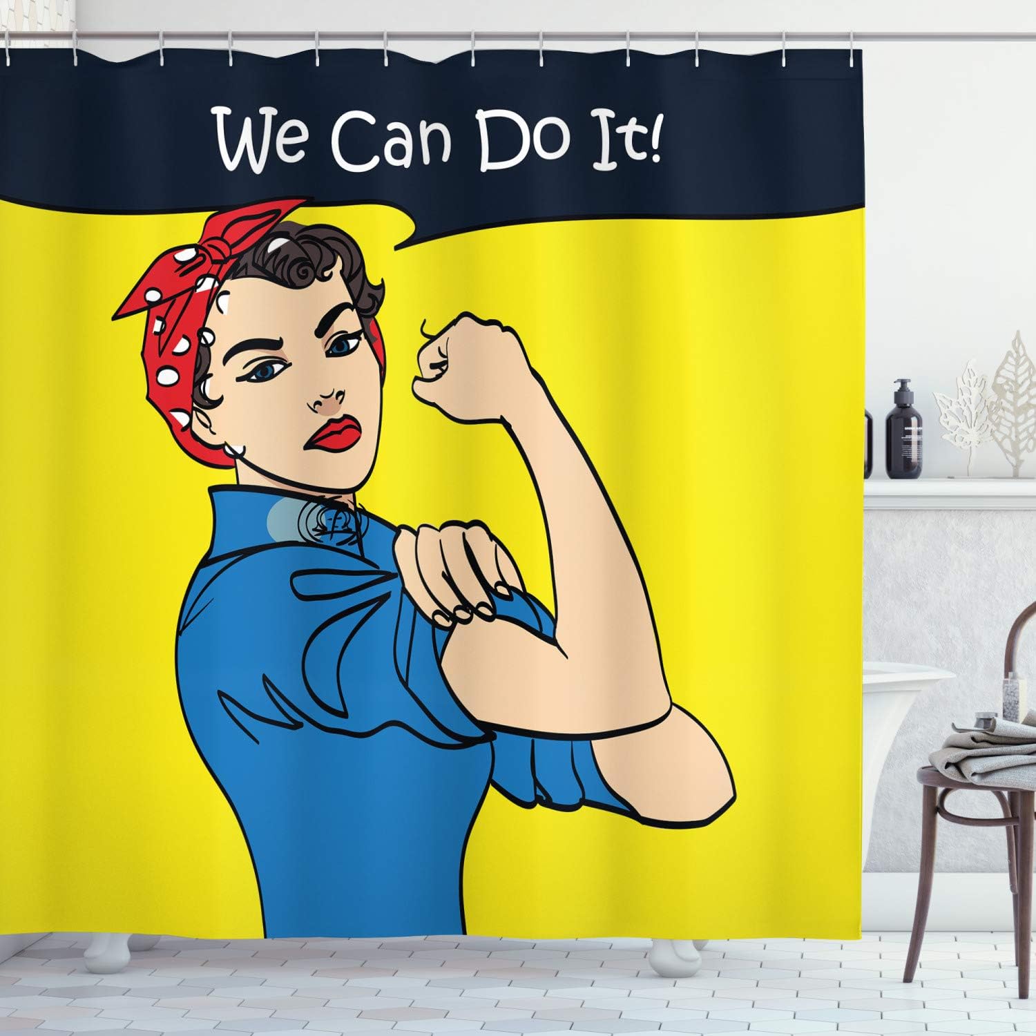 Ambesonne Feminist Shower Curtain, Cartoon Woman with We Can Do It Words on a Speech Bubble Social Movement Theme, Cloth Fabric Bathroom Decor Set with Hooks, 69" W x 70" L, Multicolor
