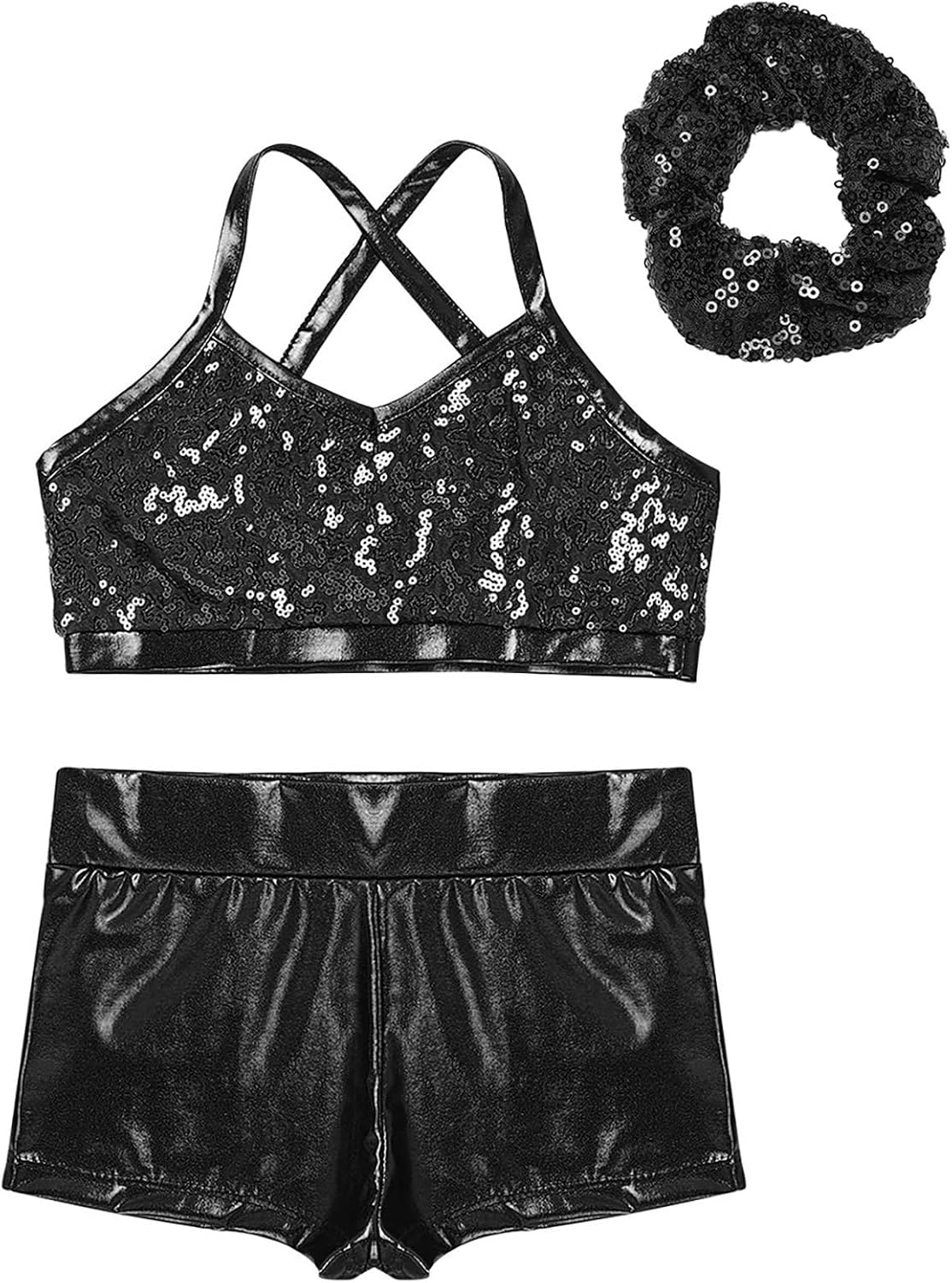Kids Girls 2Pcs Sequined Crop Top with Athletic Booty Shorts Outfits Gymnastics Dance Workout Tracksuit