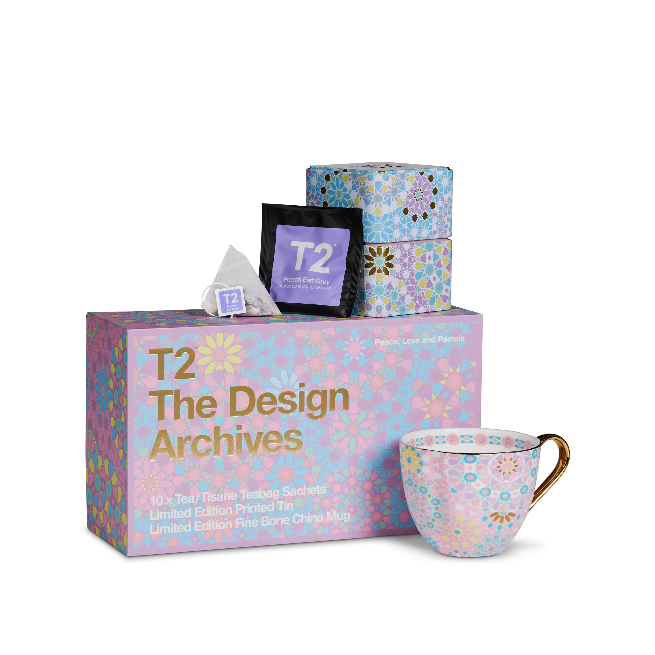 T2 Tea and Teaware Gift Pack: Peace Love and Pastels Pack, Assorted Teabag Sampler with Fine Bone China Mug, 10 Sachets, Limited Edition, Perfect for Gift