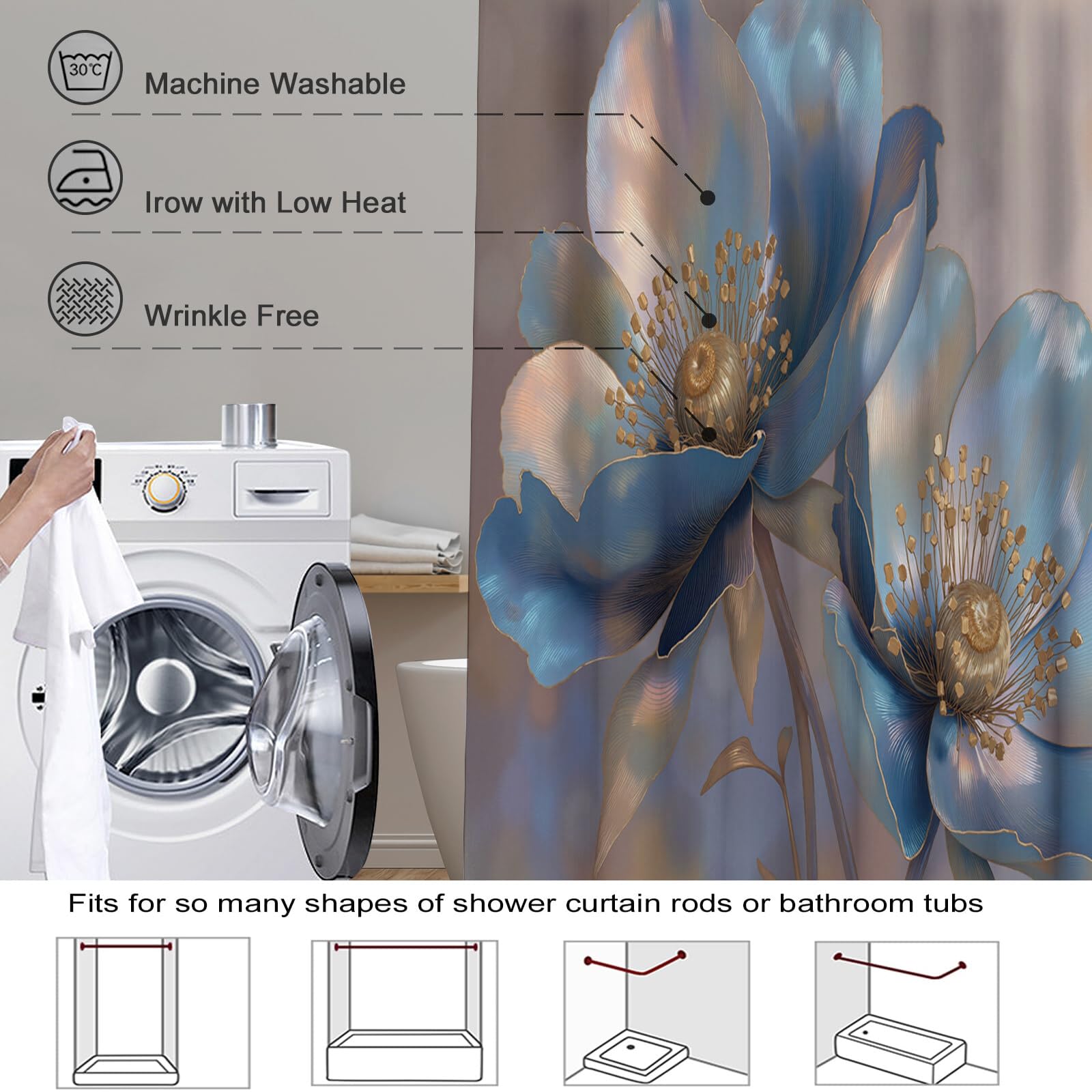 Rideau Douche,Rideau Baignoire Lavable en Machine Rideaux Douche Tissus Lavable Rideau De Baignoire Lavable pour Salle De Bain Domicile Baignoire Famille,Anémone De Ligne,
