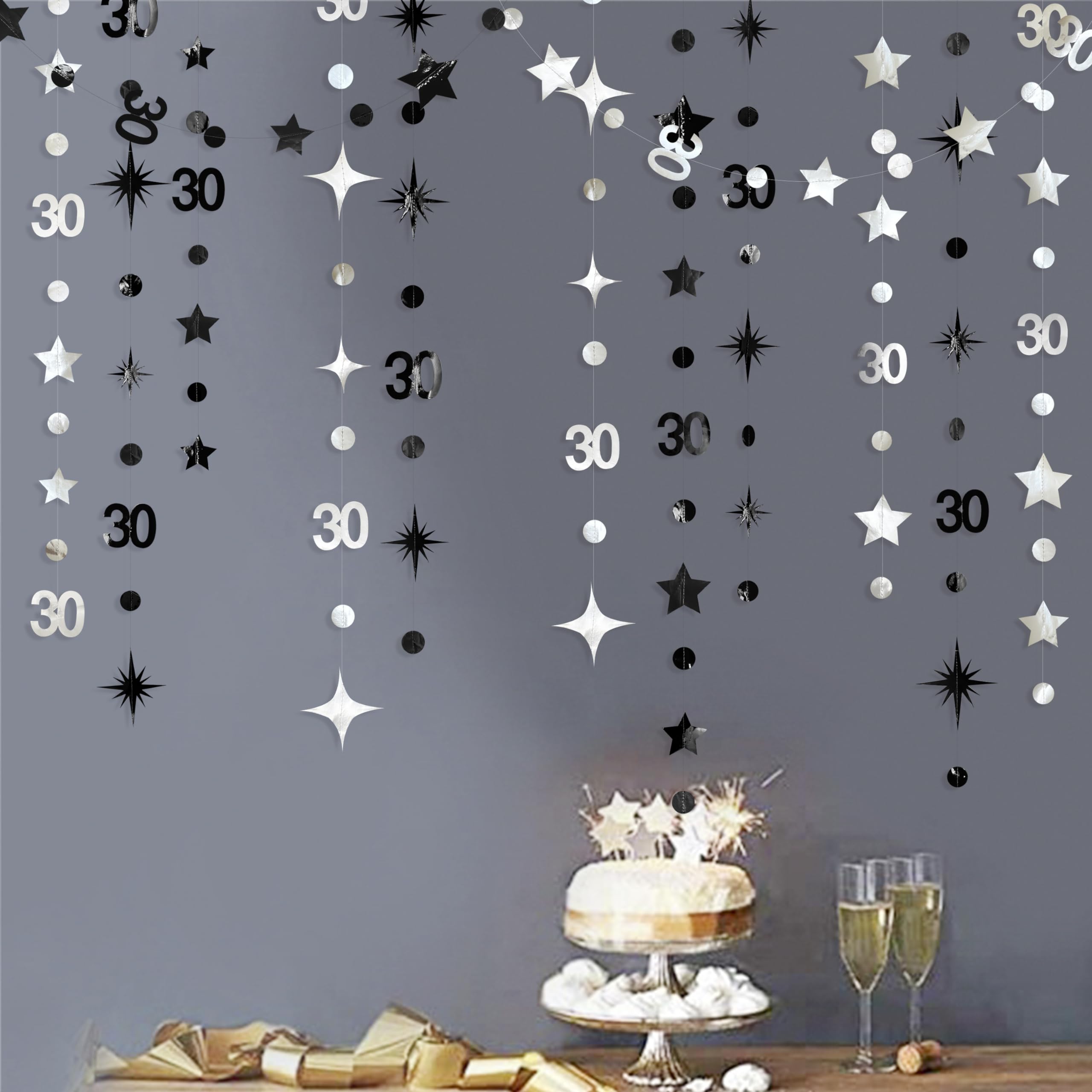 Silber-schwarze Dekoration zum 30. Geburtstag, Zahl 30, Kreis, Punkte, funkelnde Sterne, Girlande, metallische Luftschlangen, Wimpelkette, Banner Hintergrund für Herren und Damen, Happy Dirty 30 Jahre