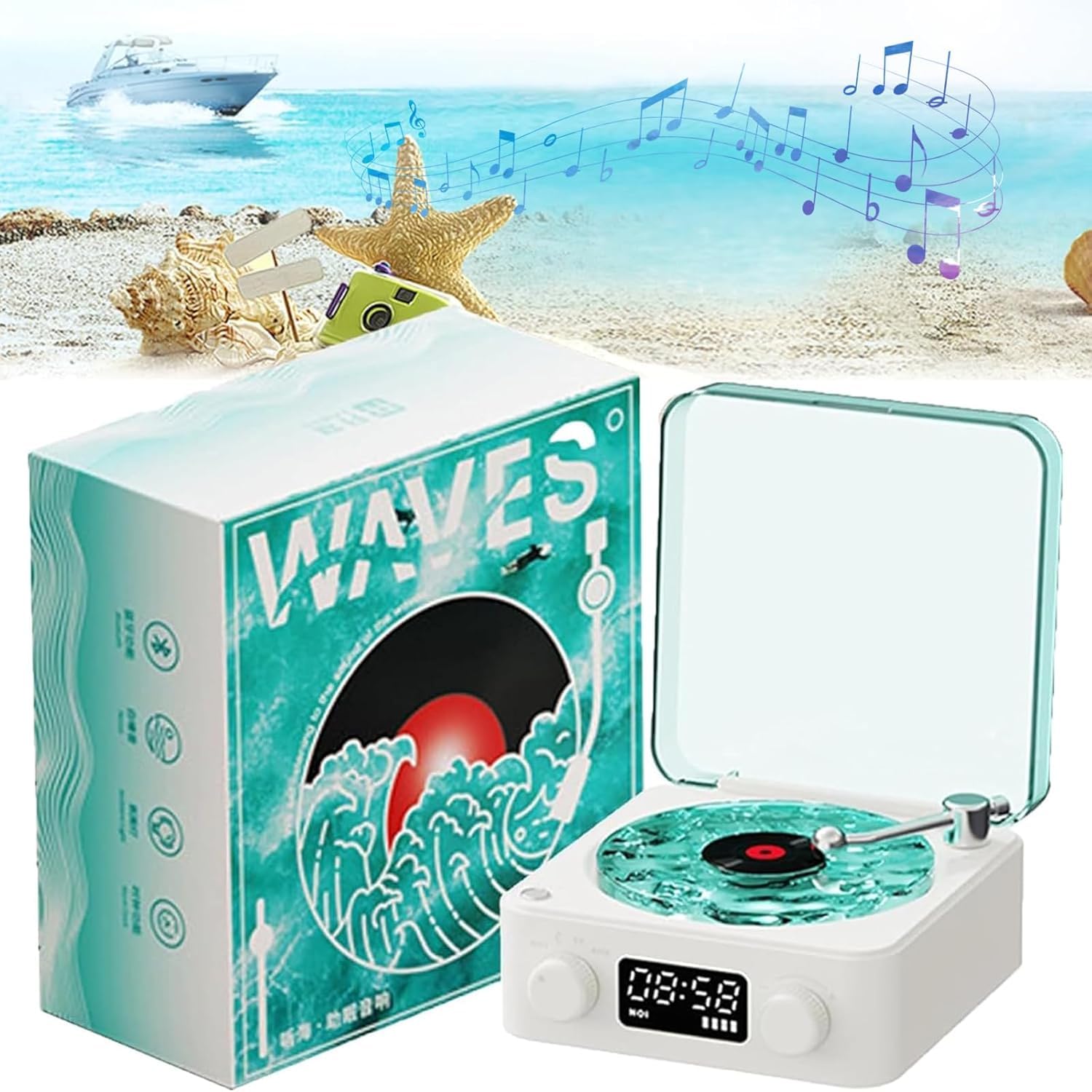 The Waves Vinyl Player,Waves Vinyl Bluetooth Speaker with Adjustable Lights,Portable Four Modes Wireless Vintage Vinyl Record Player,Bluetooth Speaker with Ambient Light for Bedroom,Office,Party