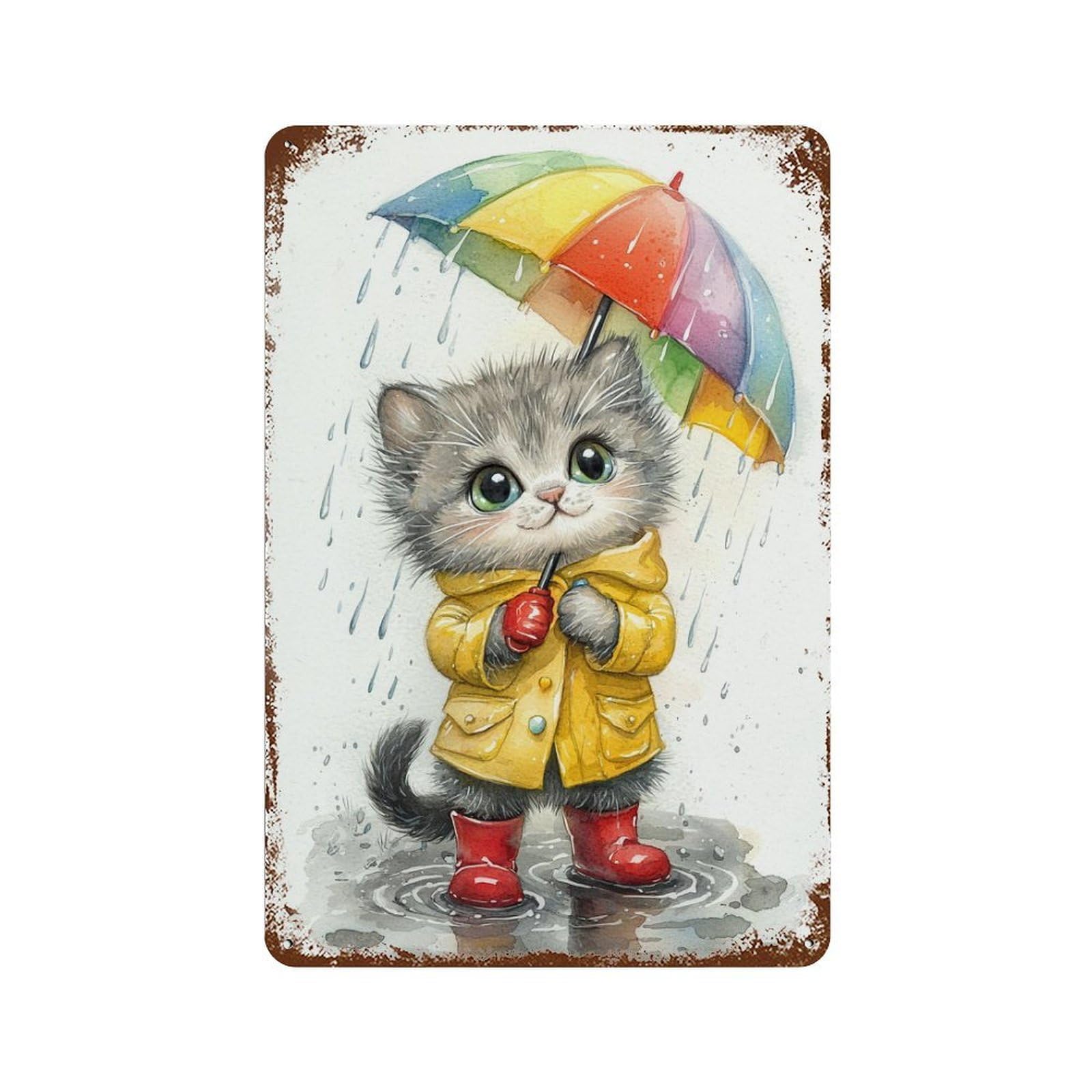 Rainy Day Kitten-17 Decorative Tin Sign 11.8"x7.9", for Farmhouse, Kitchen And Entryway Decor, Vintage Wall Decor