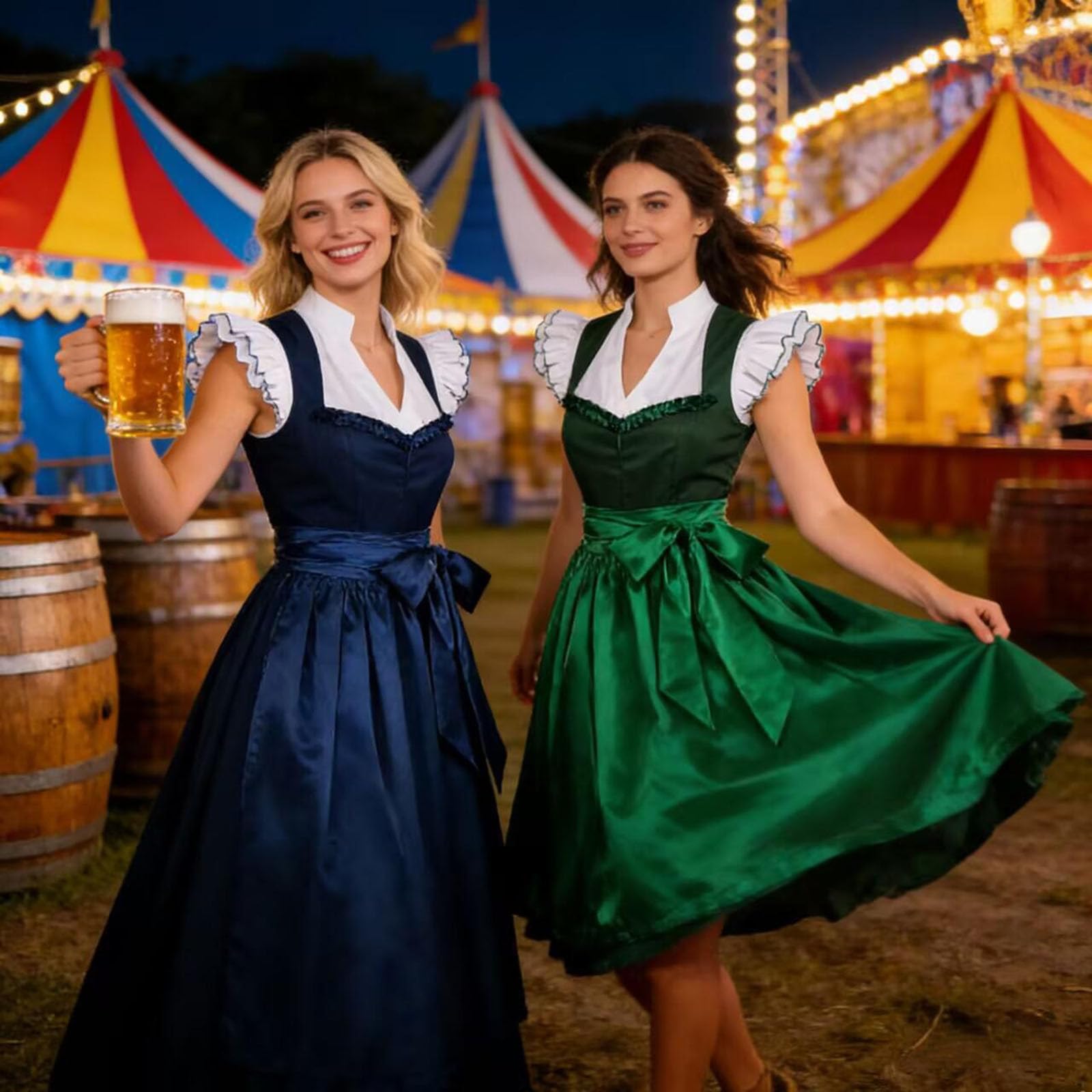 Generisch Dirndl Damen Midi Dirndl Trachtenkleid, Damen Oktoberfest Dirndl‑Set 2‑Teilig, ärmelloses Midi‑Kostümkleid mit Abnehmbarer Rüschen‑Bluse, Dirndlbluse Oktoberfest, Wiesn Outfit Trachtenkleid