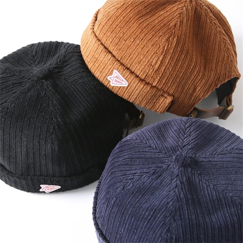 Corduroy Brimless Cap Adjustable Street Casual Sailor Skullcap Beanie Hat No Brim Rolled Cuff Black