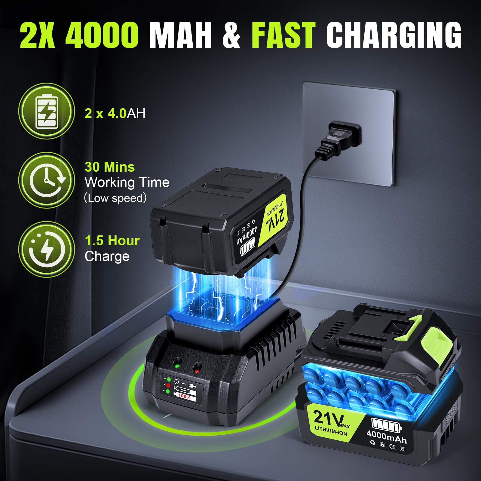 Soplador de hojas inalámbrico, soplador eléctrico de hojas de 650 CFM con 2 baterías de 4.0 Ah y cargador rápido, potentes sopladores inalámbricos para el cuidado del césped, patio, polvo, hojas de | Soplador eléctrico de 650 CFM con cargador rápido, pote