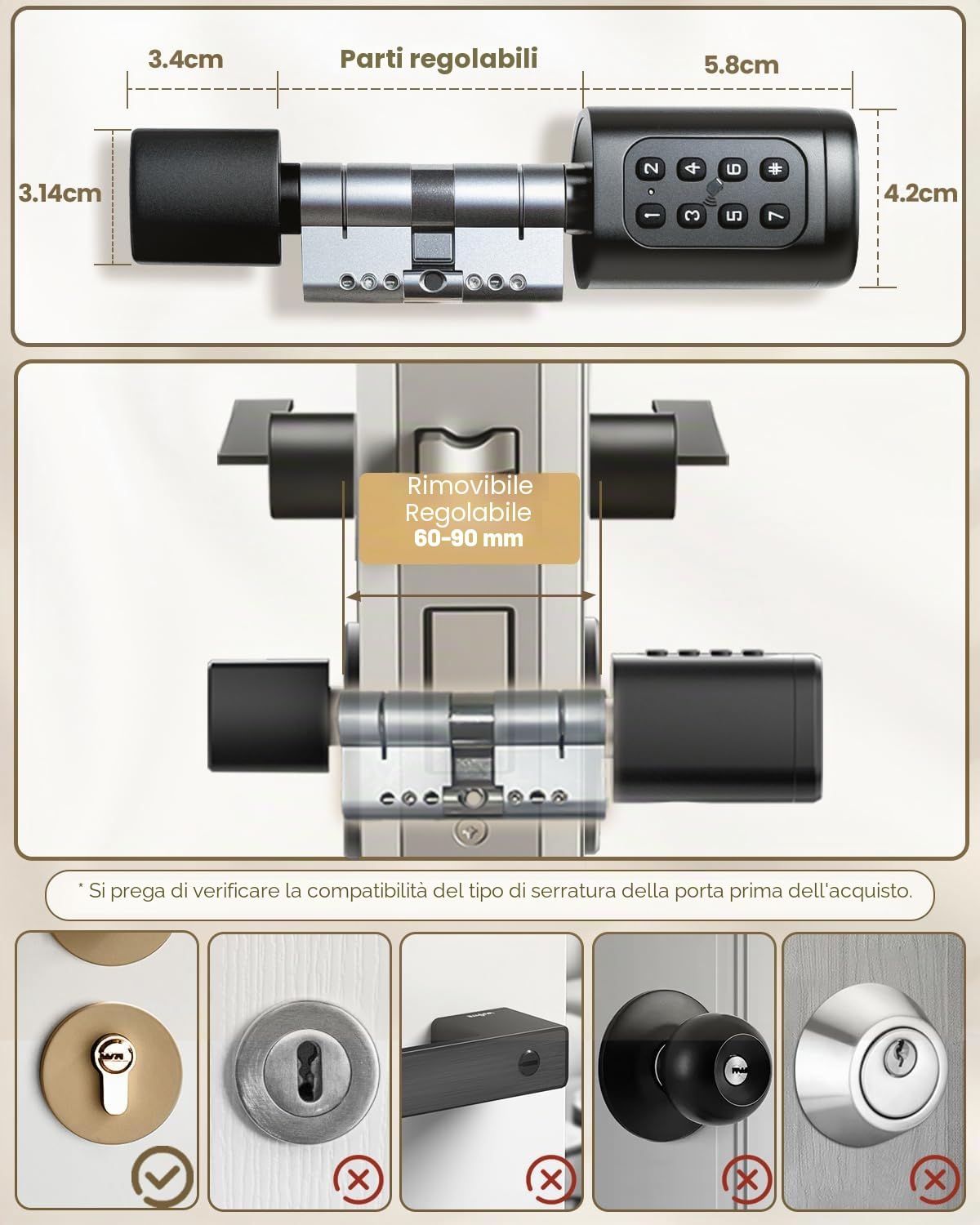 Chiusura Di Porta Impronta Digitale, 60mm-90mm Serratura Intelligente | Serratura elettronica: controllo via app e regolazione flessibile; accesso semplice per famiglia e ospiti.