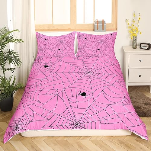 Miniatura 3 de Feelyou Juego de funda de edredón rosa de Halloween, tamaño King, juego de ropa de cama de tela de araña para niños y niñas, juego de funda de
